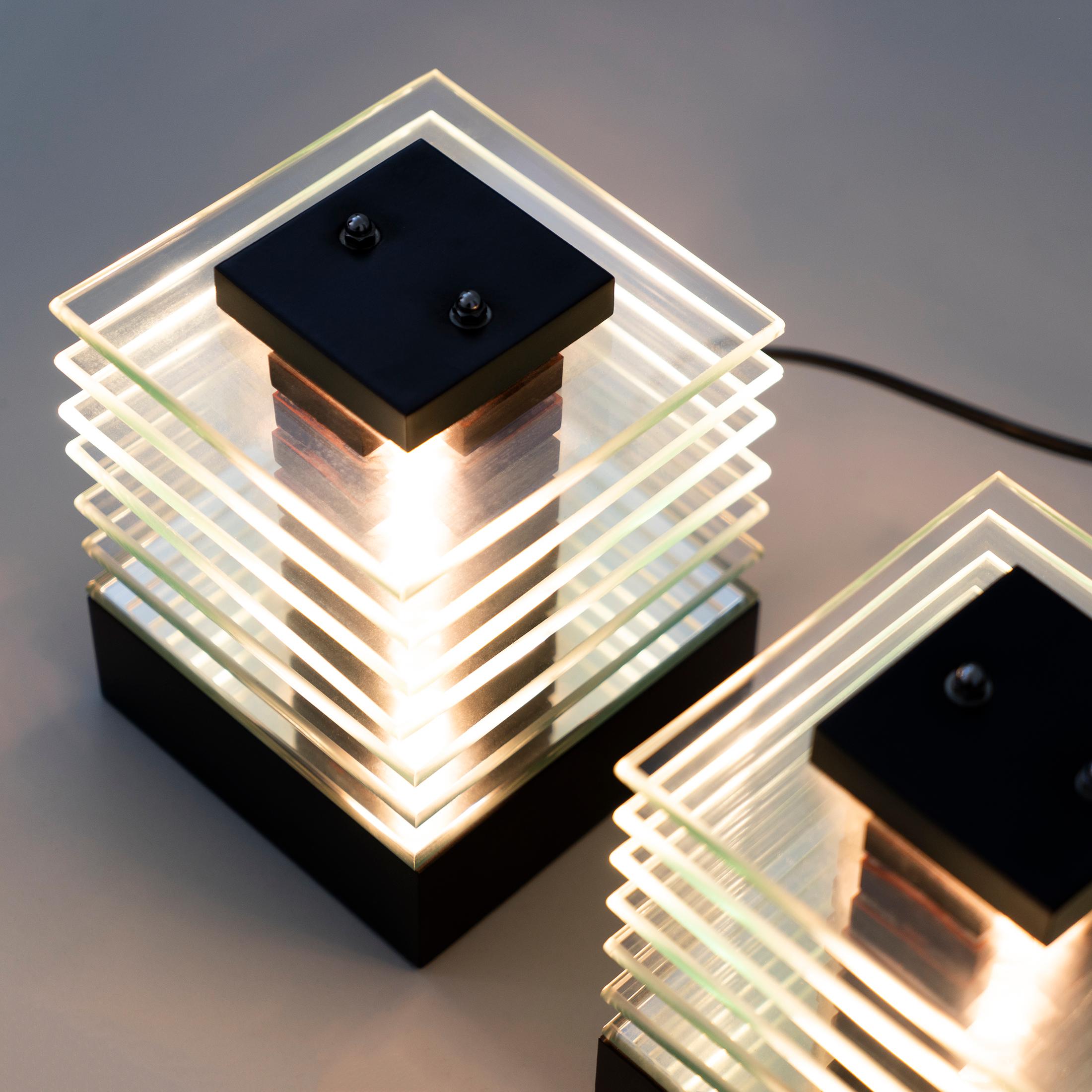 Pair of 1980s Glass Layered Cube Lights with wooden base and top In Good Condition For Sale In London, GB