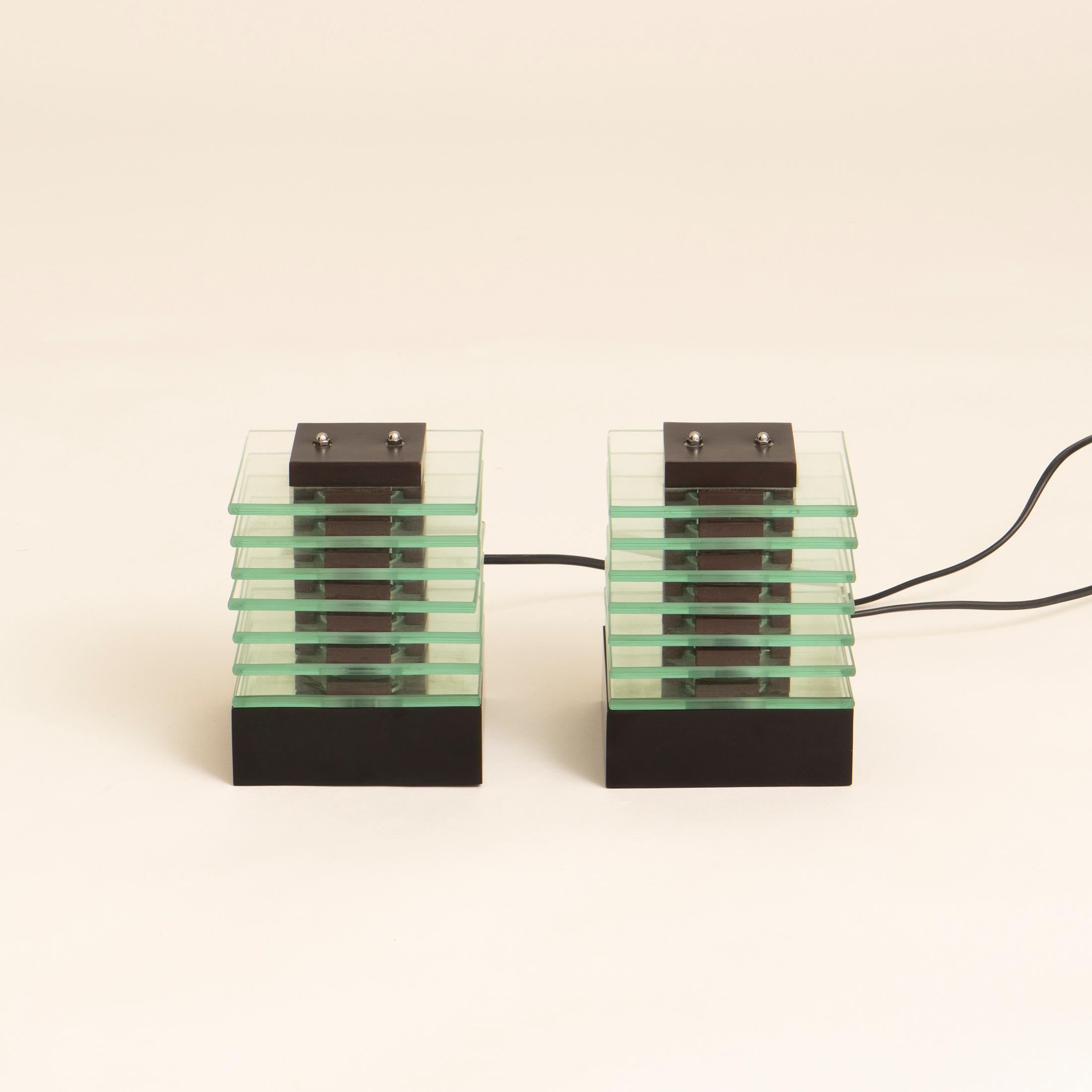 Late 20th Century Pair of 1980s Glass Layered Cube Lights with wooden base and top For Sale