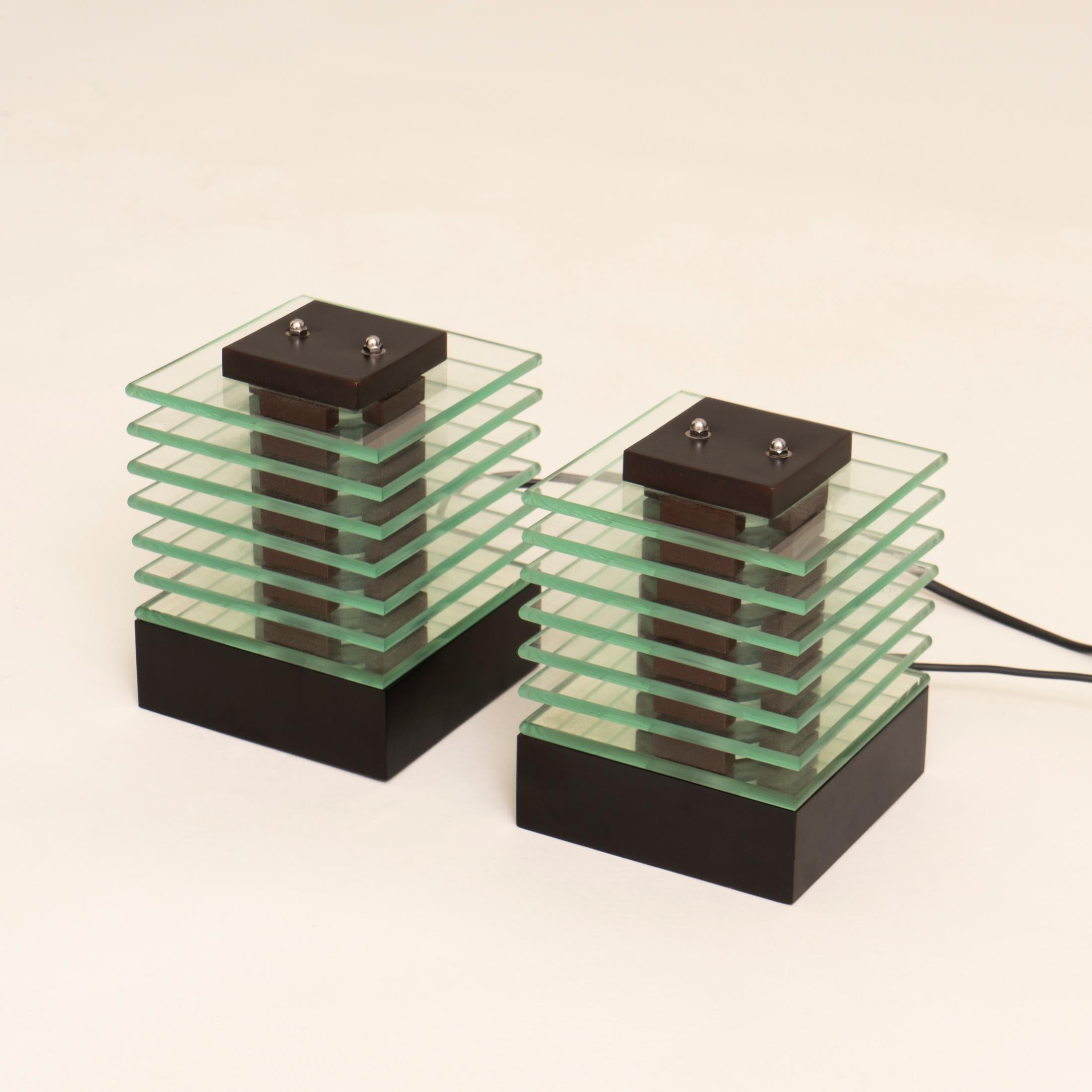 Pair of 1980s Glass Layered Cube Lights with wooden base and top For Sale 1