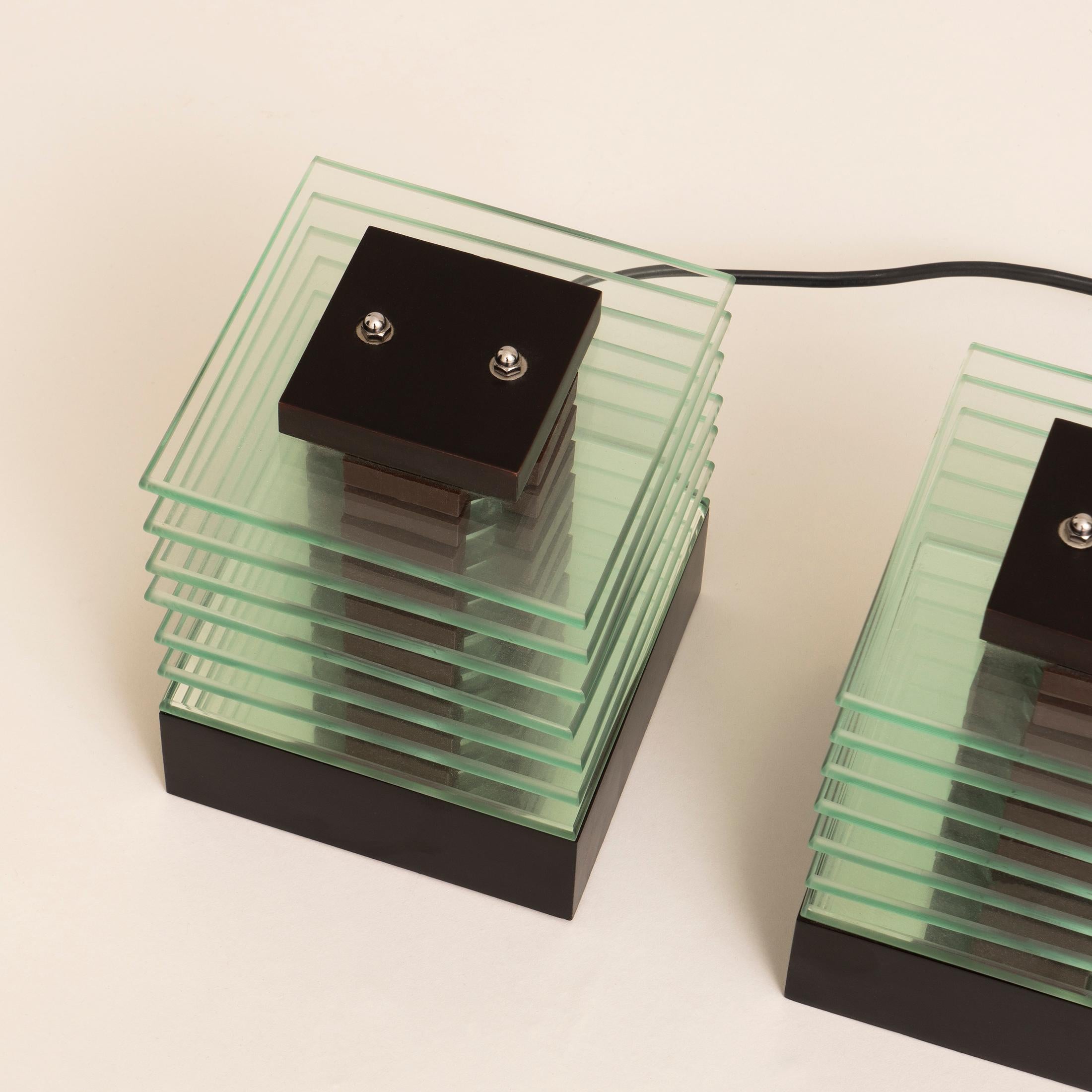 Pair of 1980s Glass Layered Cube Lights with wooden base and top For Sale 2