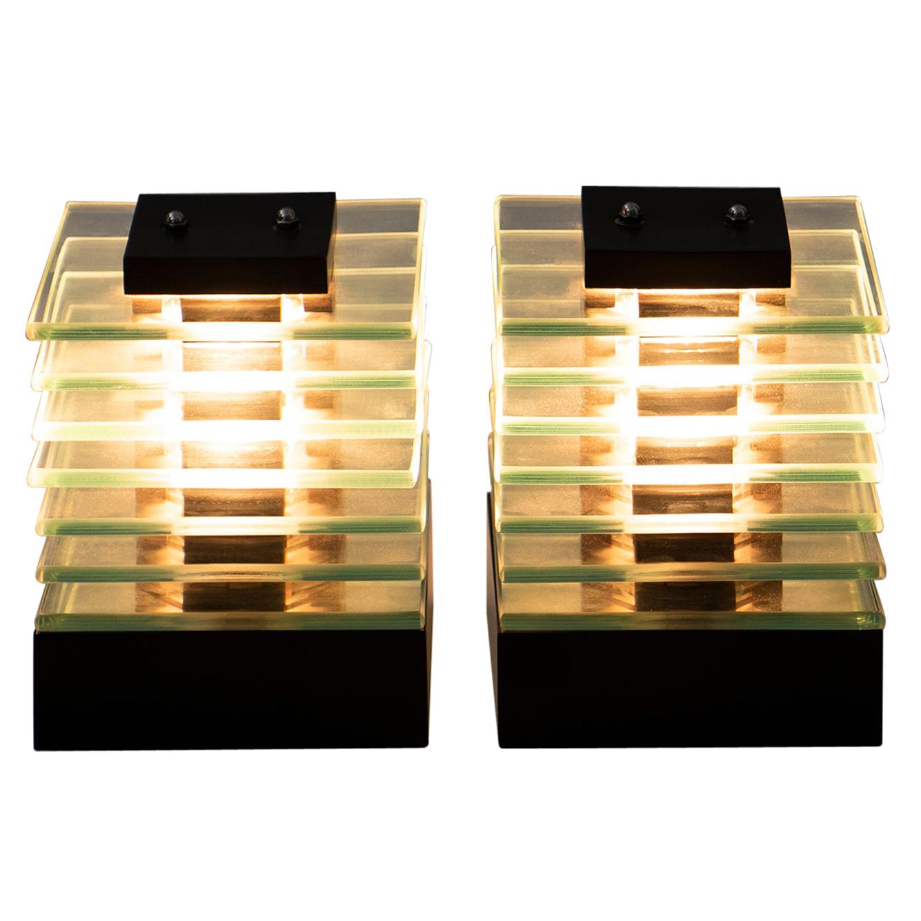 Pair of 1980s Glass Layered Cube Lights with wooden base and top For Sale 3