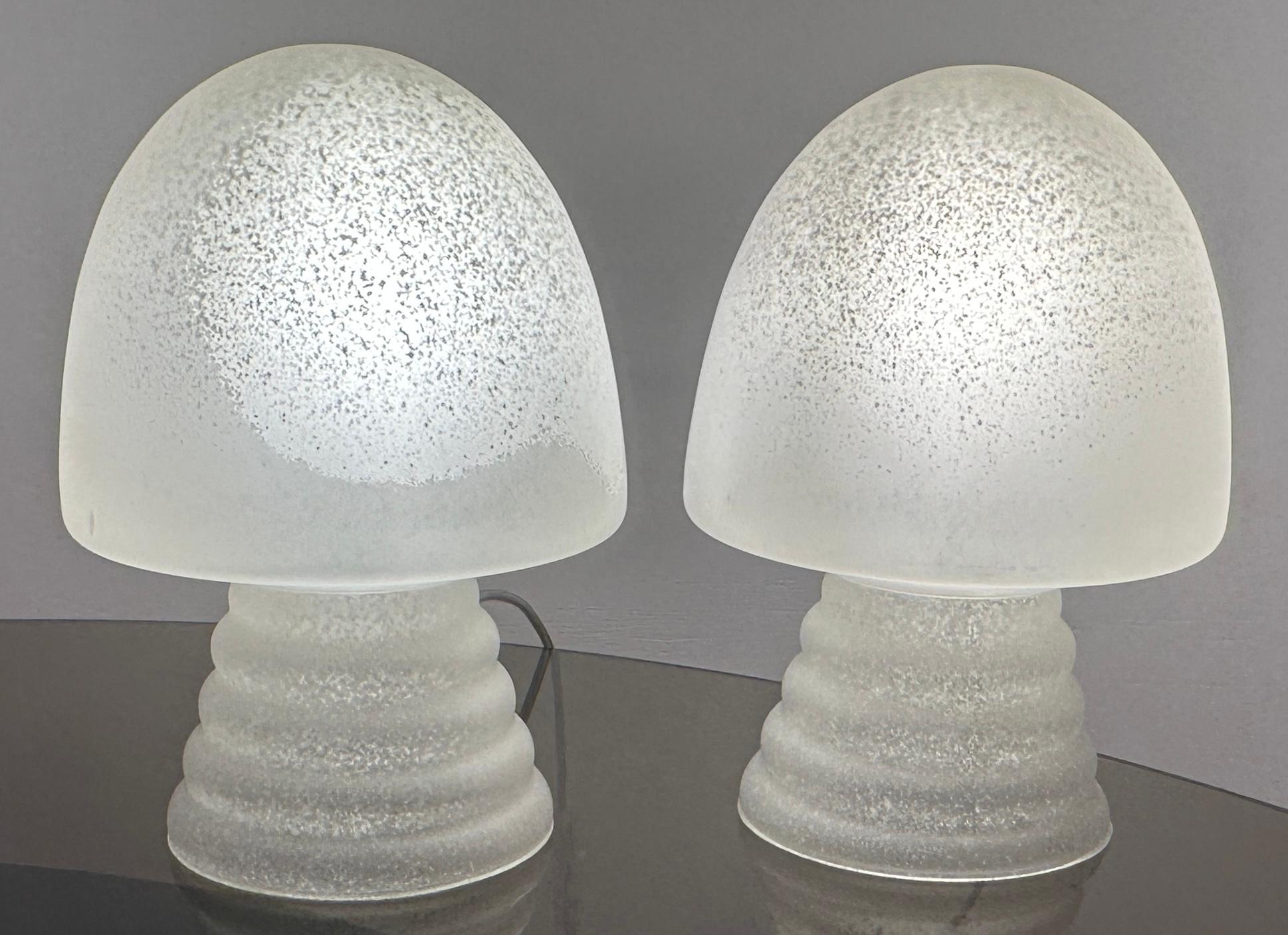 Pair of 1980s HB Glass Holland Mushroom Speckled Frosted Satin Table Lamps For Sale 1
