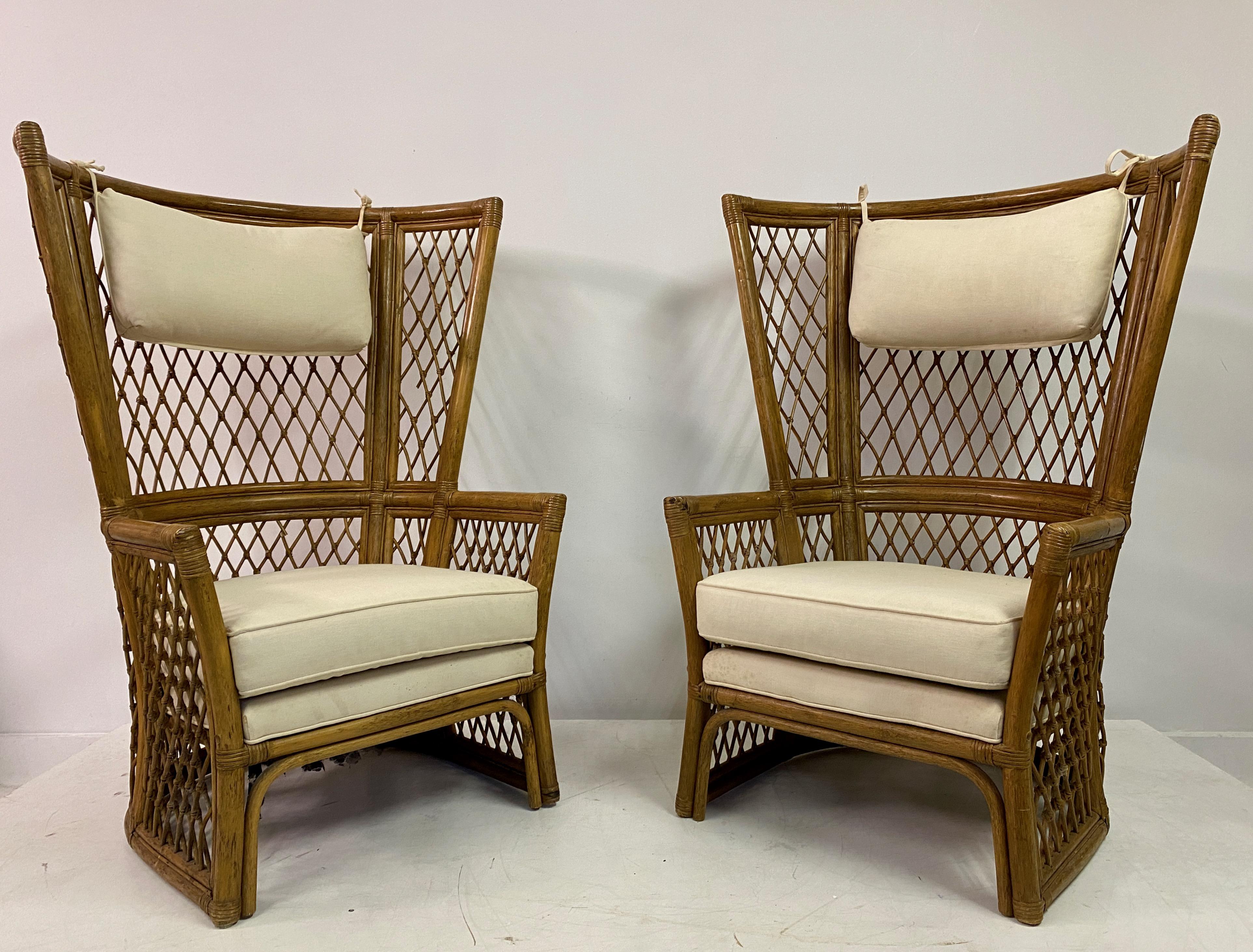 Pair Of 1980S High Back Bamboo Chairs With Ottomans For Sale 3