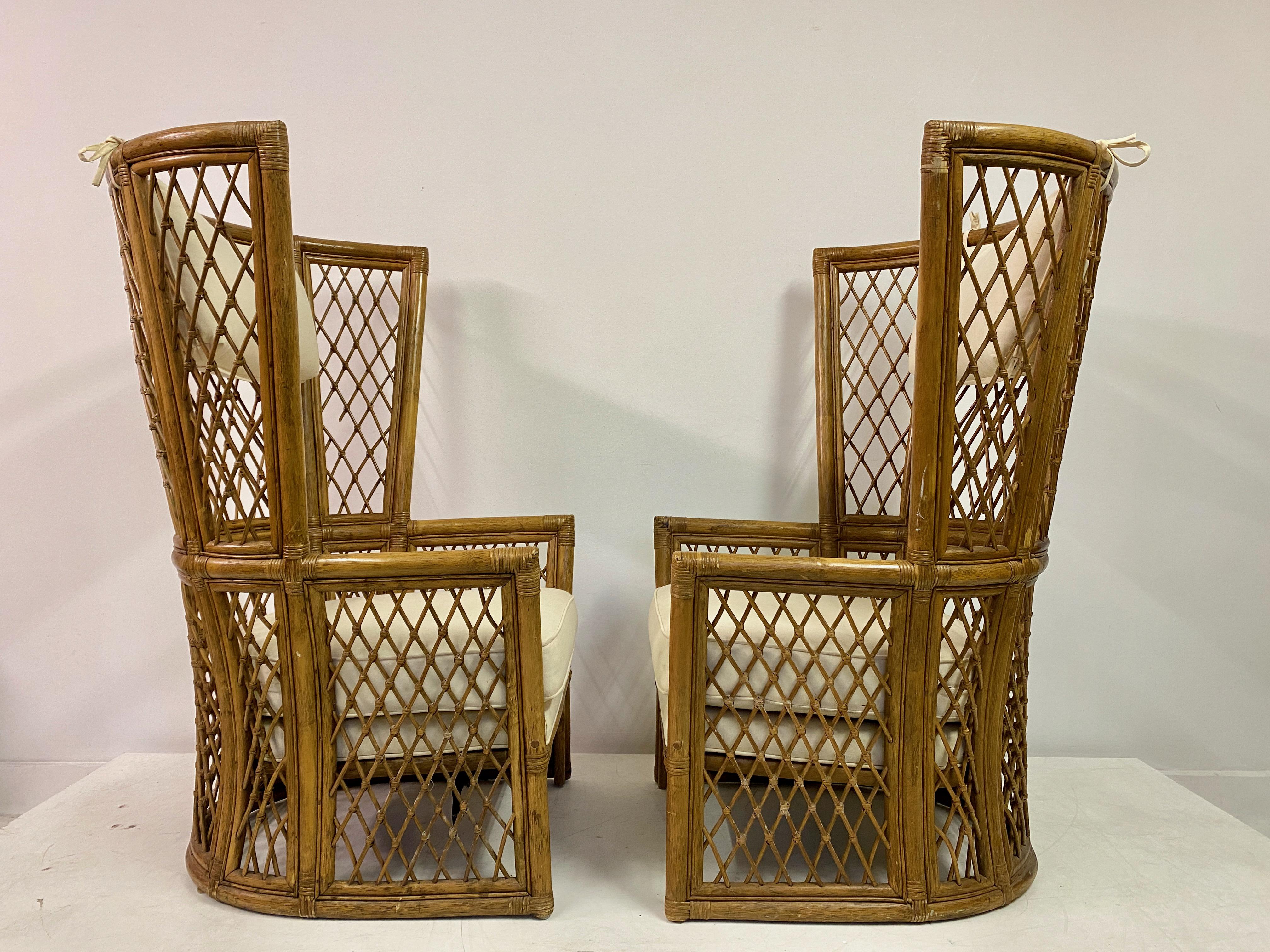 Pair Of 1980S High Back Bamboo Chairs With Ottomans For Sale 4