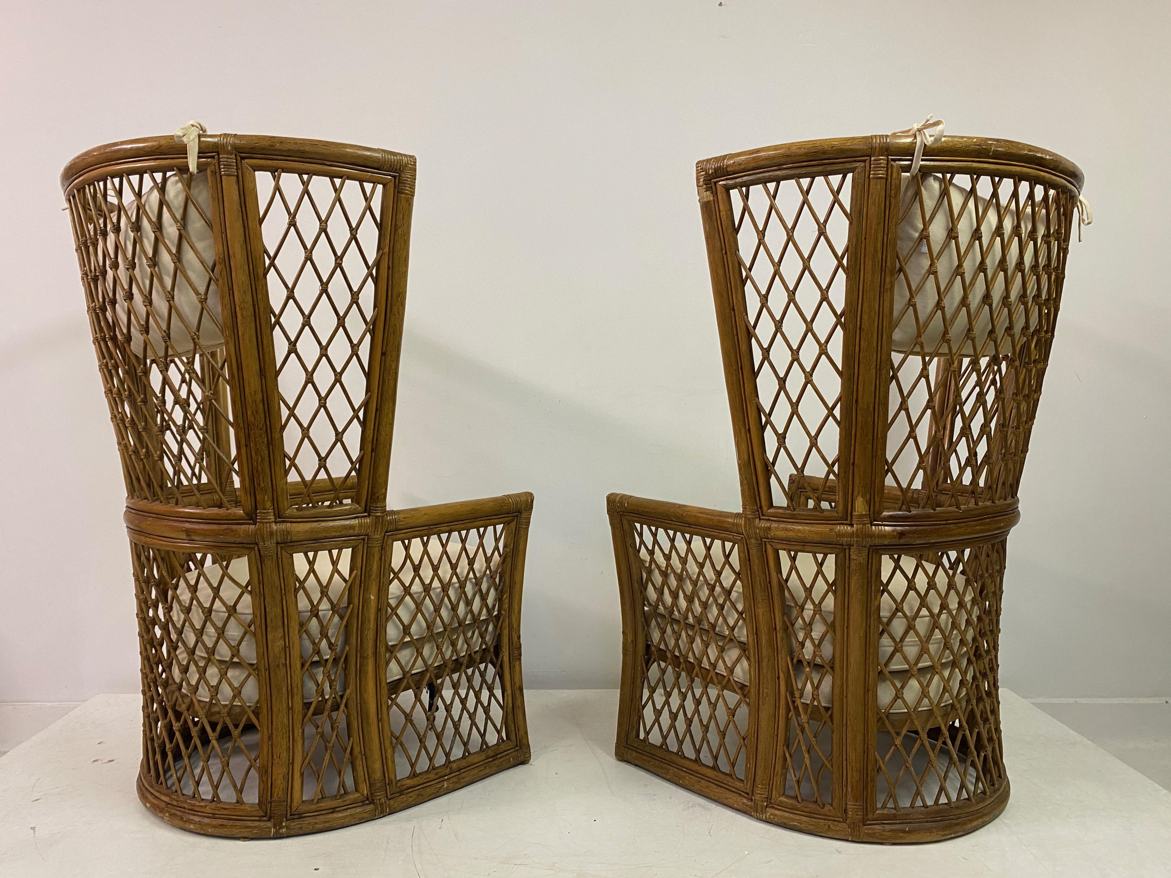 Pair Of 1980S High Back Bamboo Chairs With Ottomans For Sale 5