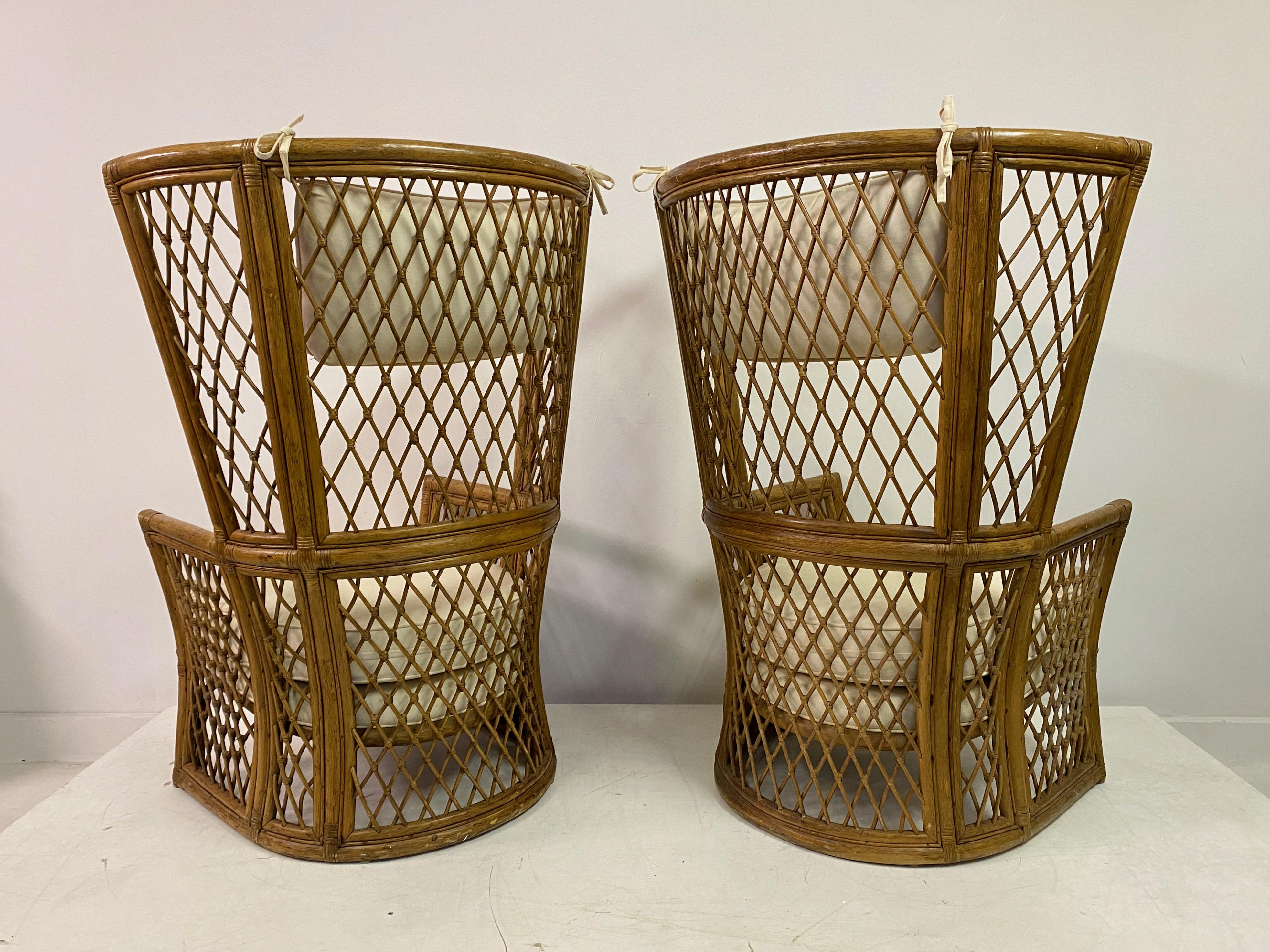 Pair Of 1980S High Back Bamboo Chairs With Ottomans For Sale 7