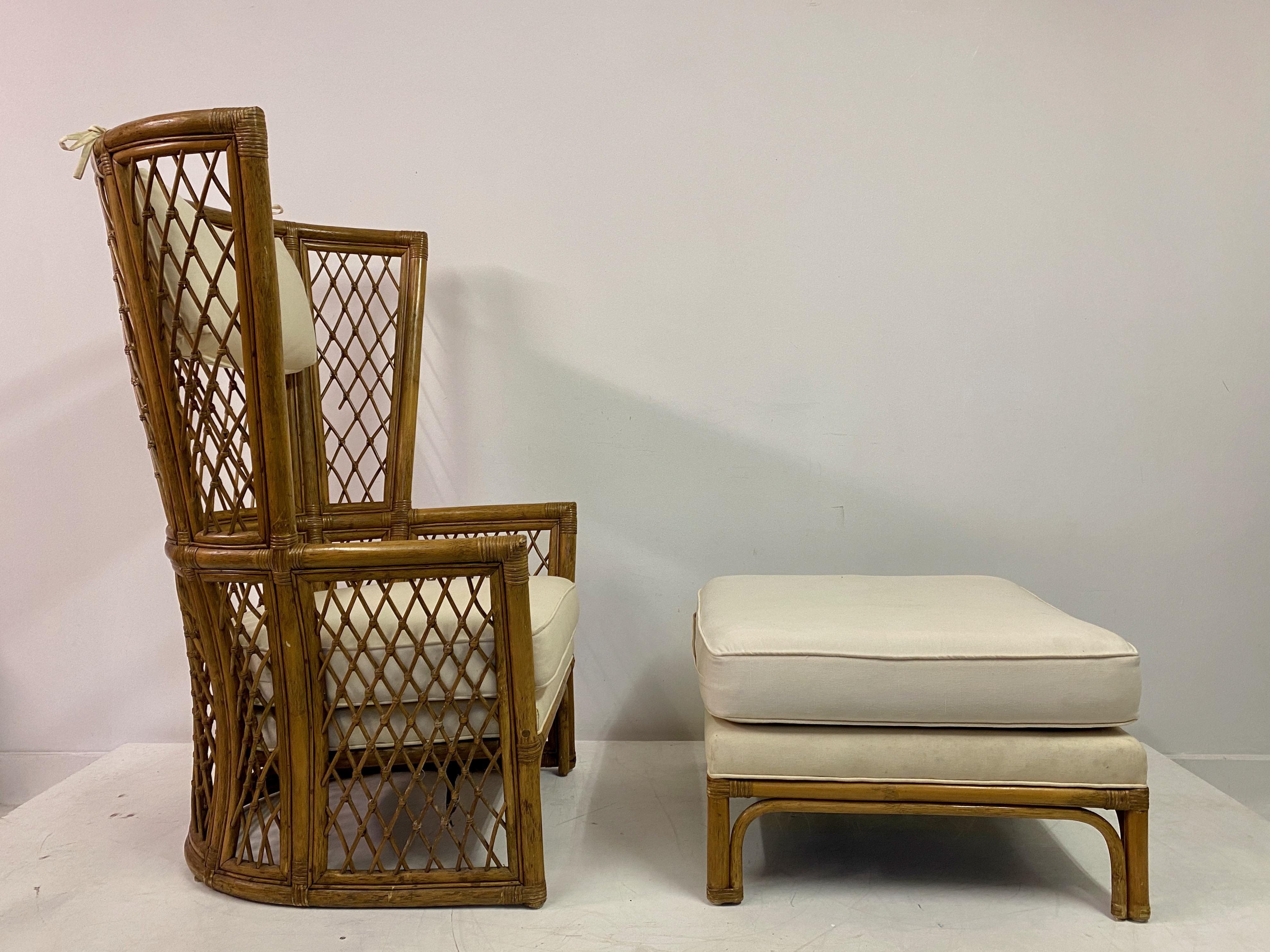 Pair Of 1980S High Back Bamboo Chairs With Ottomans For Sale 9