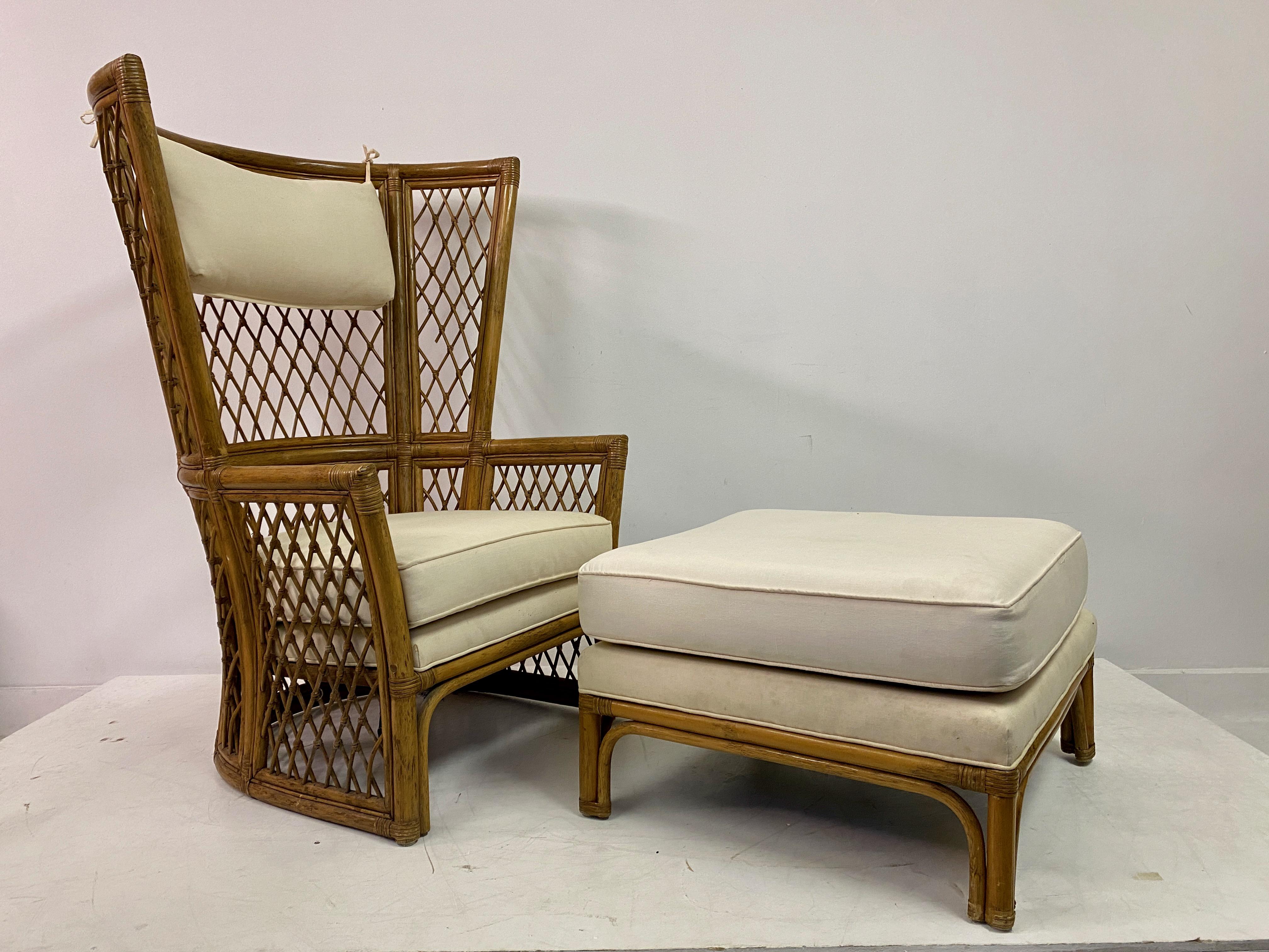 Pair Of 1980S High Back Bamboo Chairs With Ottomans For Sale 10