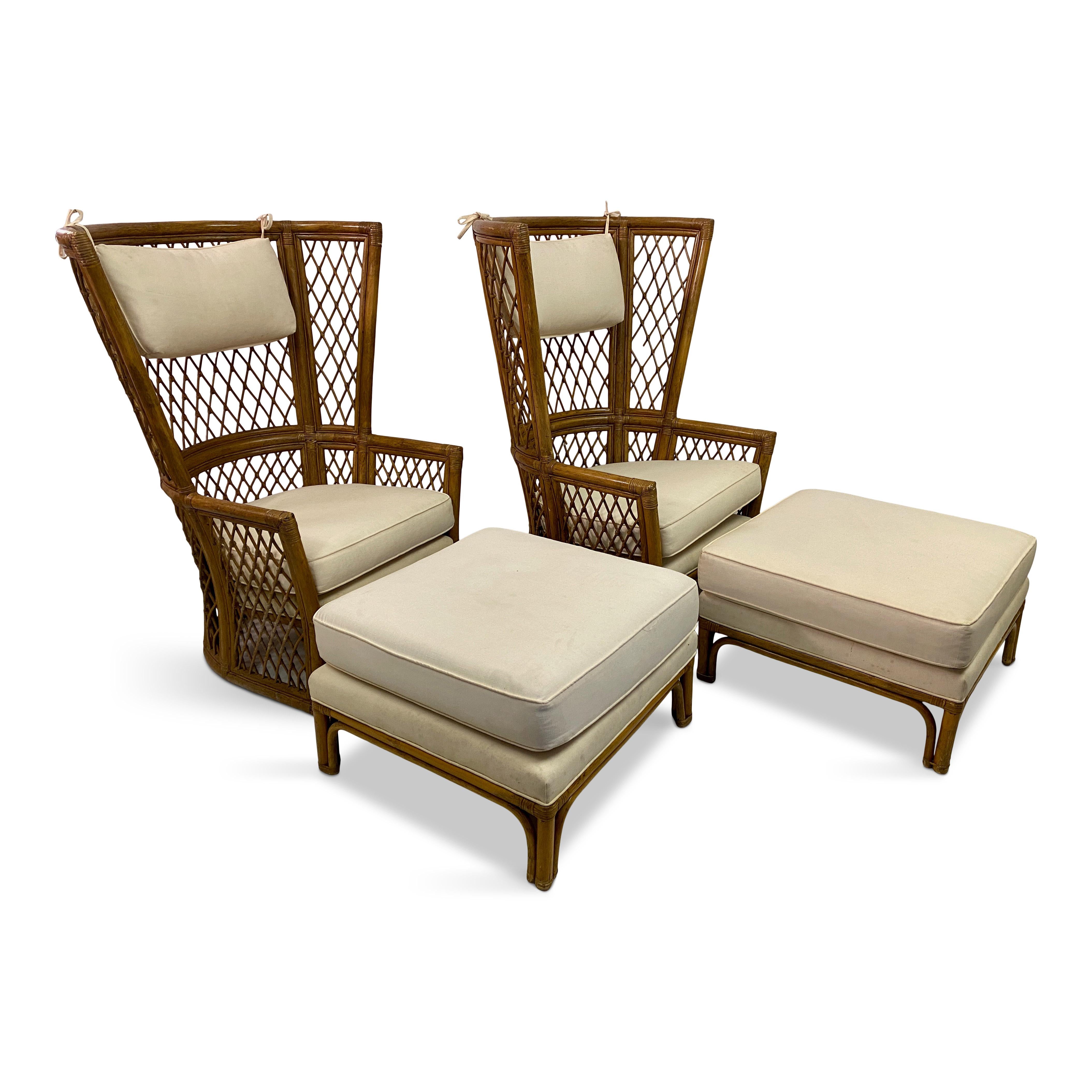 Pair Of 1980S High Back Bamboo Chairs With Ottomans For Sale 13