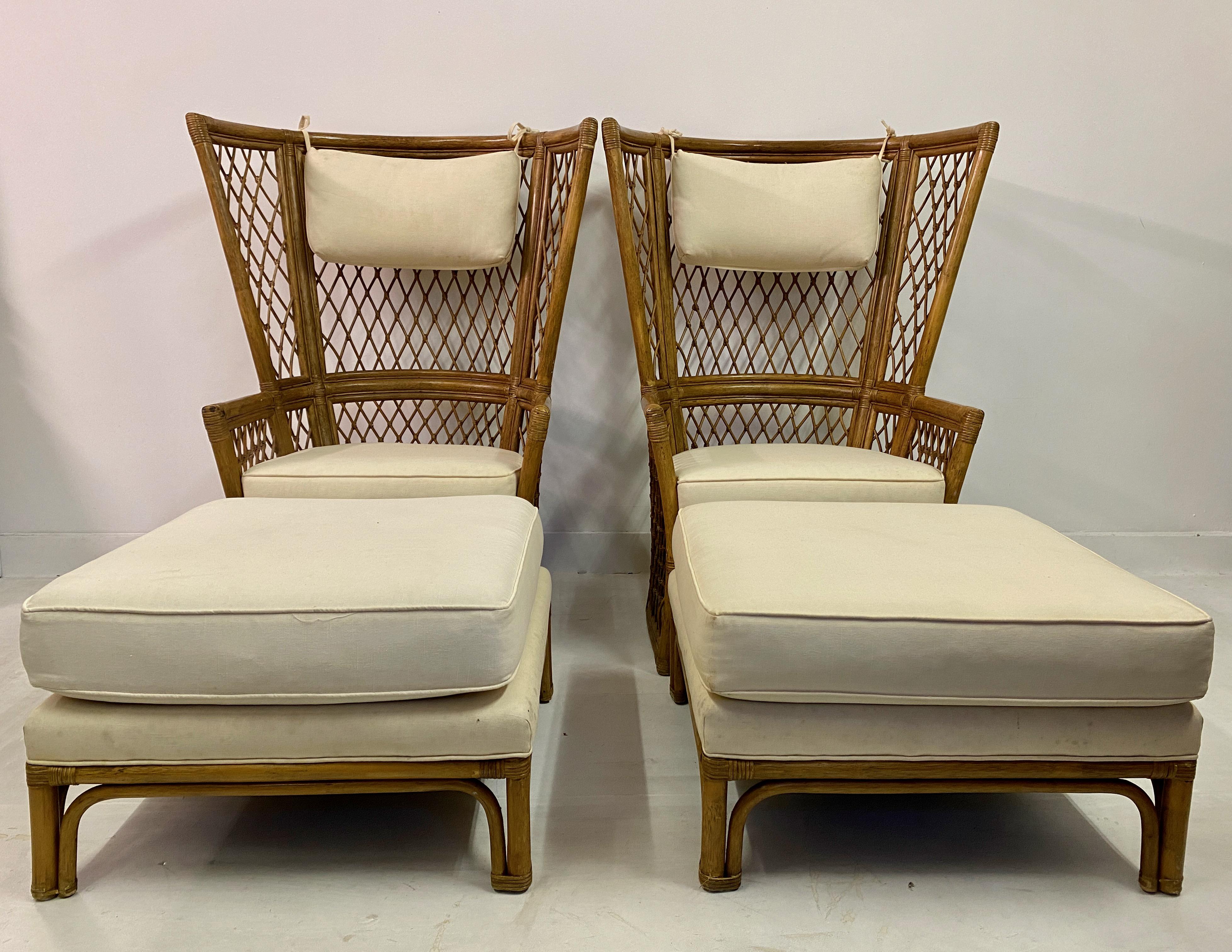 Mid-Century Modern Pair Of 1980S High Back Bamboo Chairs With Ottomans For Sale