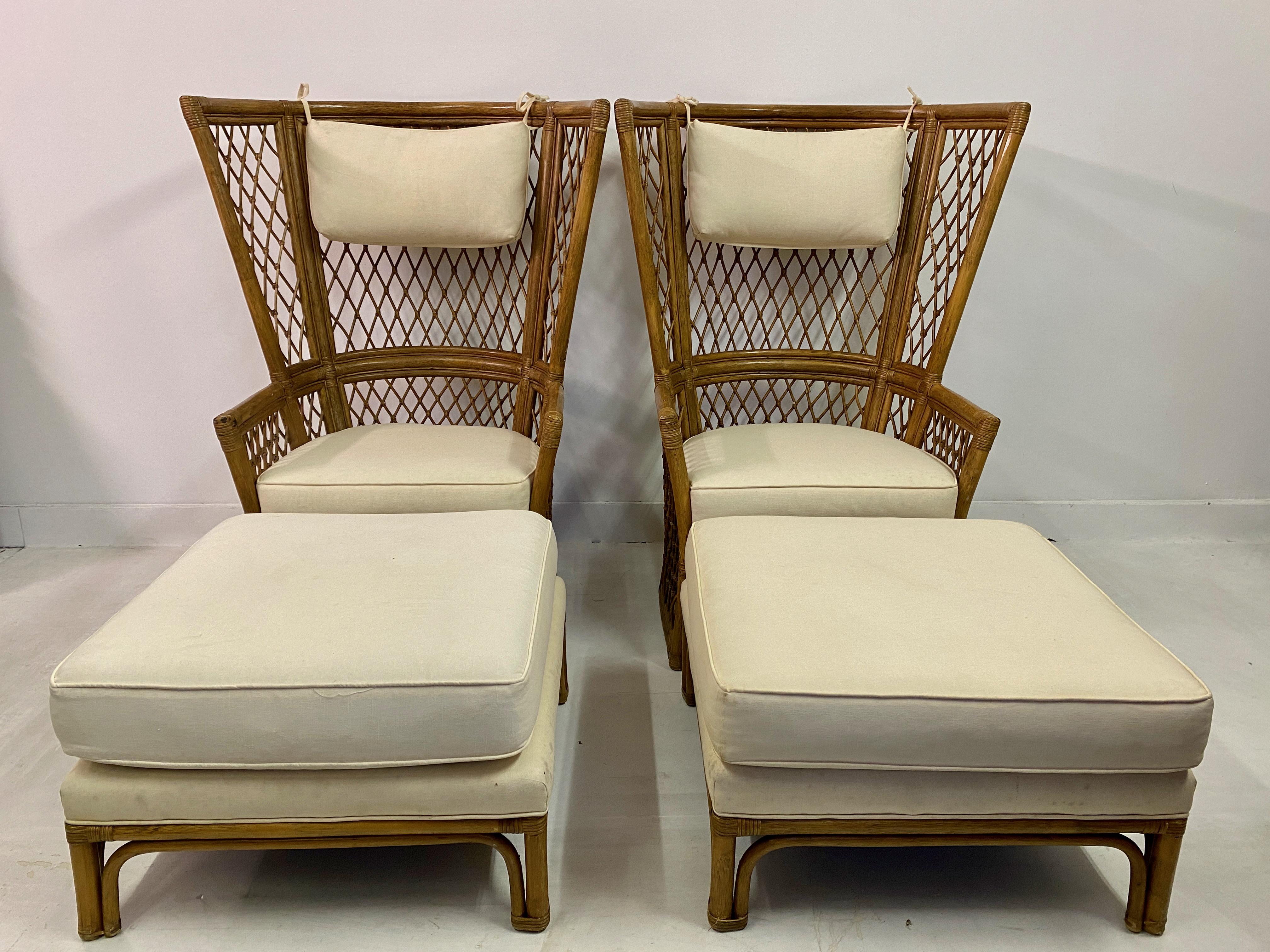 American Pair Of 1980S High Back Bamboo Chairs With Ottomans For Sale