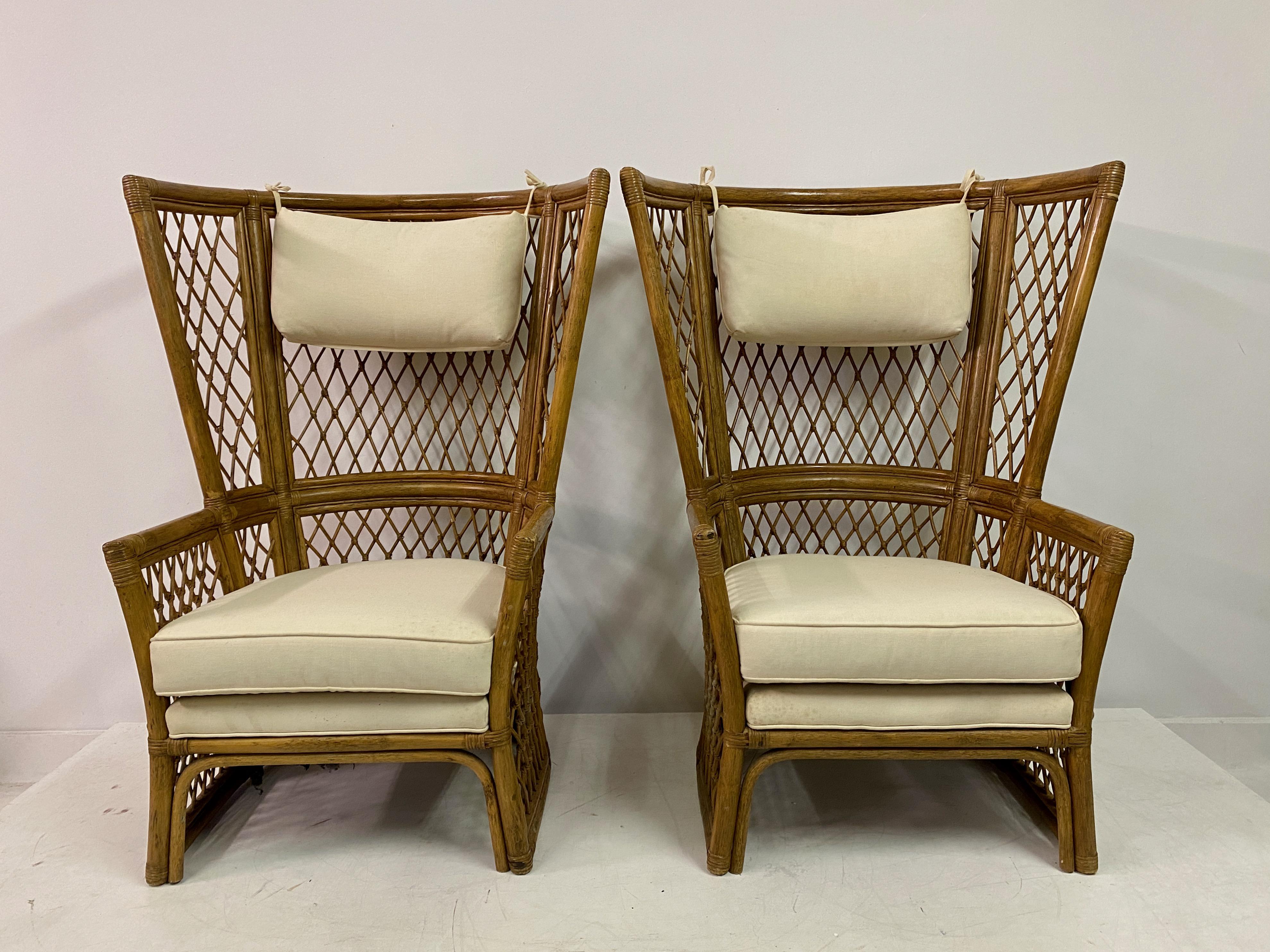 Pair Of 1980S High Back Bamboo Chairs With Ottomans In Good Condition For Sale In London, London