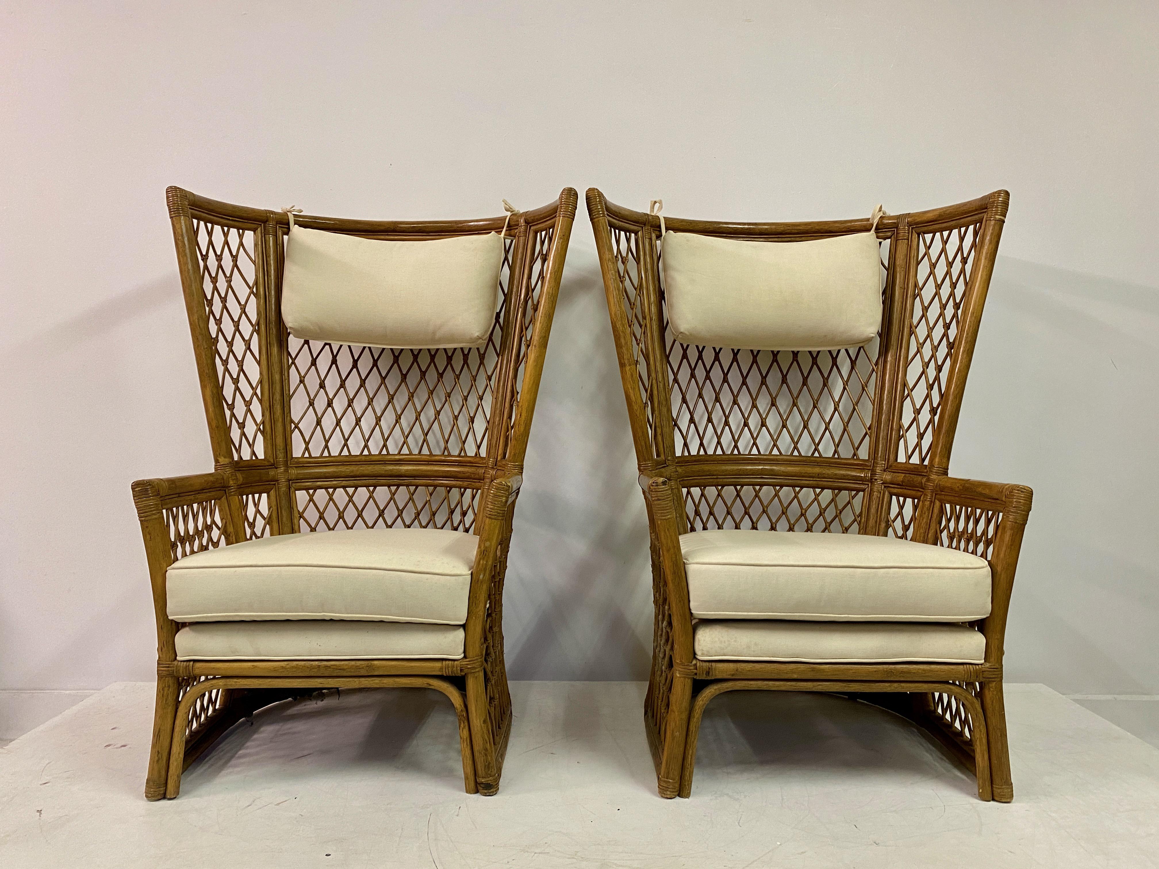 20th Century Pair Of 1980S High Back Bamboo Chairs With Ottomans For Sale