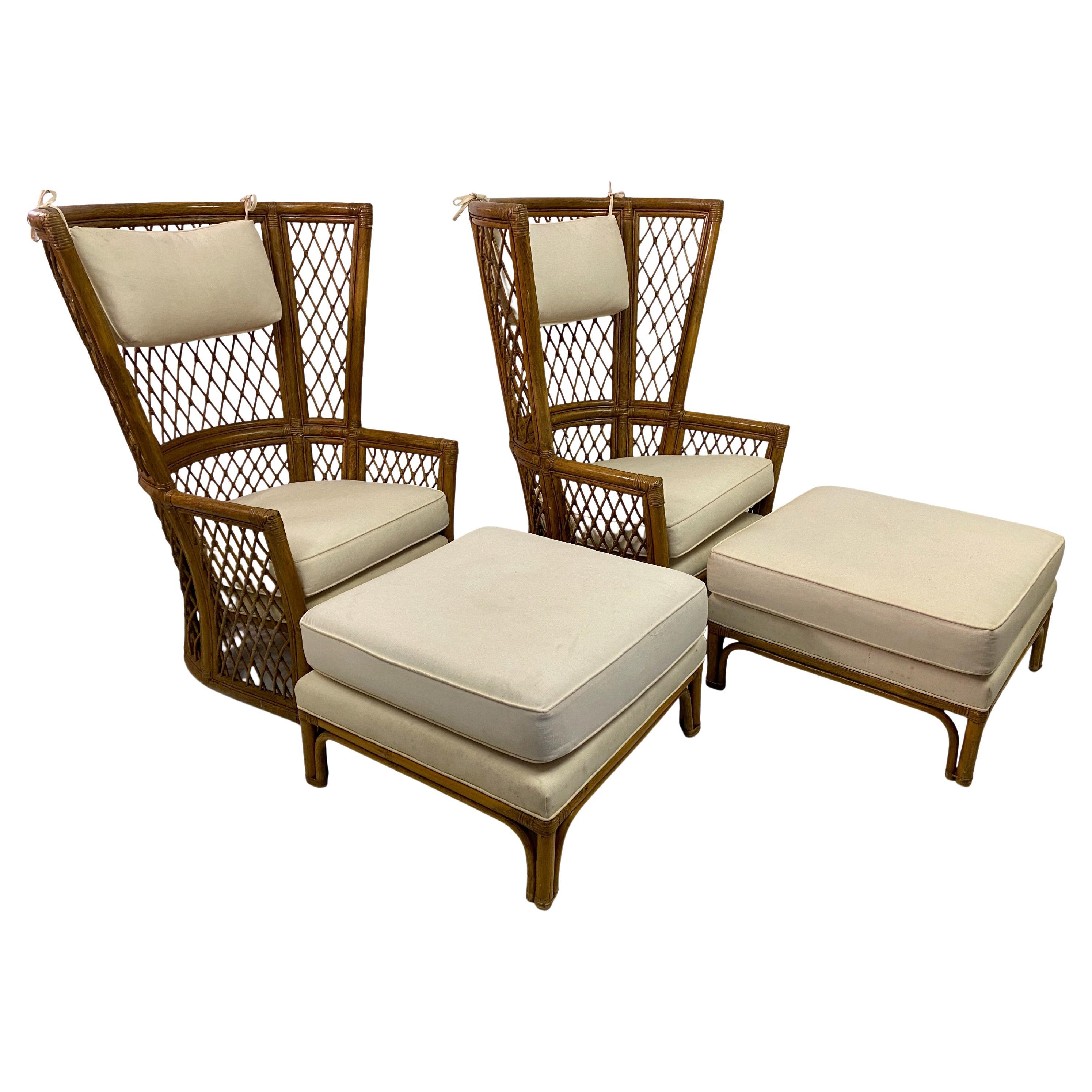 Pair Of 1980S High Back Bamboo Chairs With Ottomans For Sale