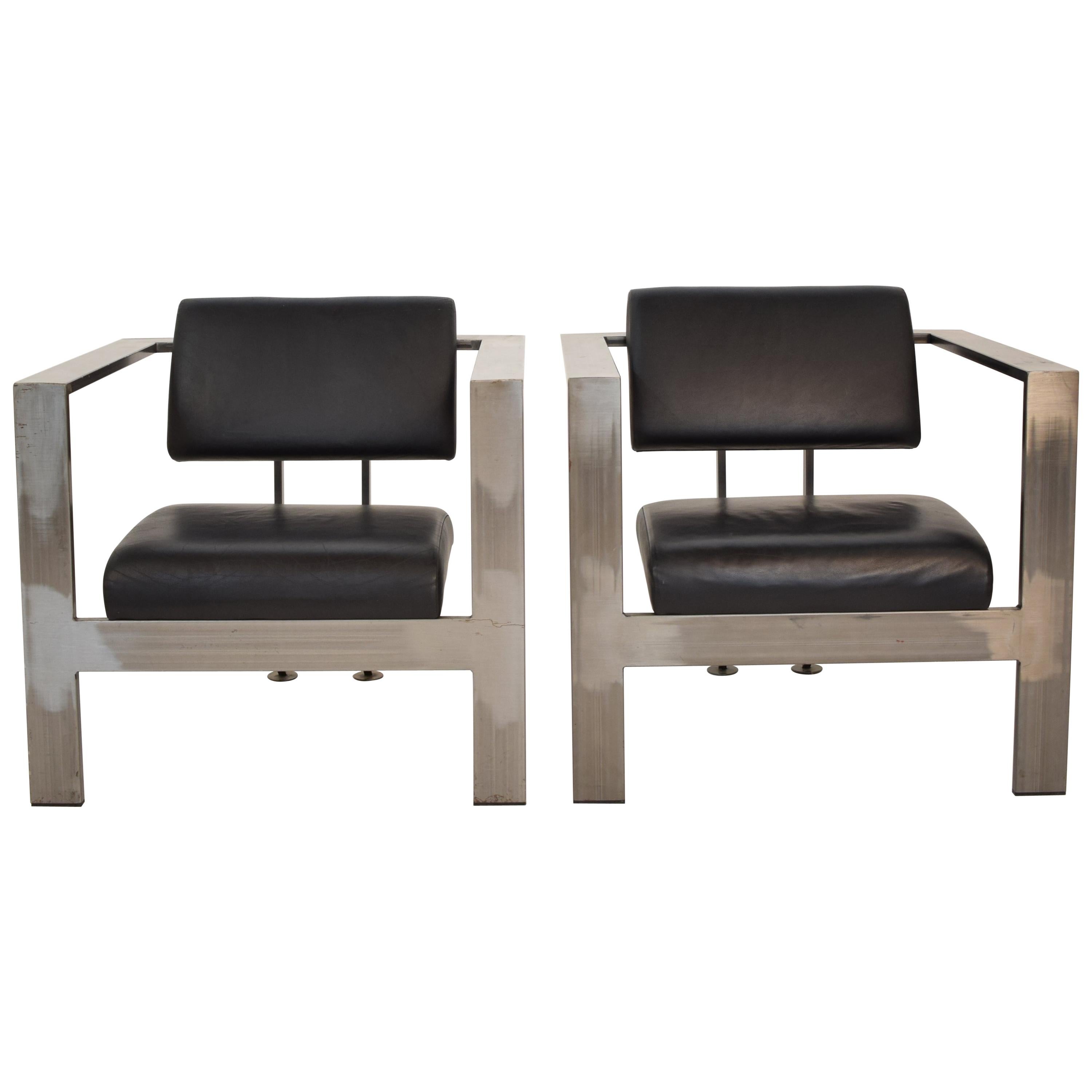 Pair of 1980s Industrial Metal and Black Leather Lounge Chairs