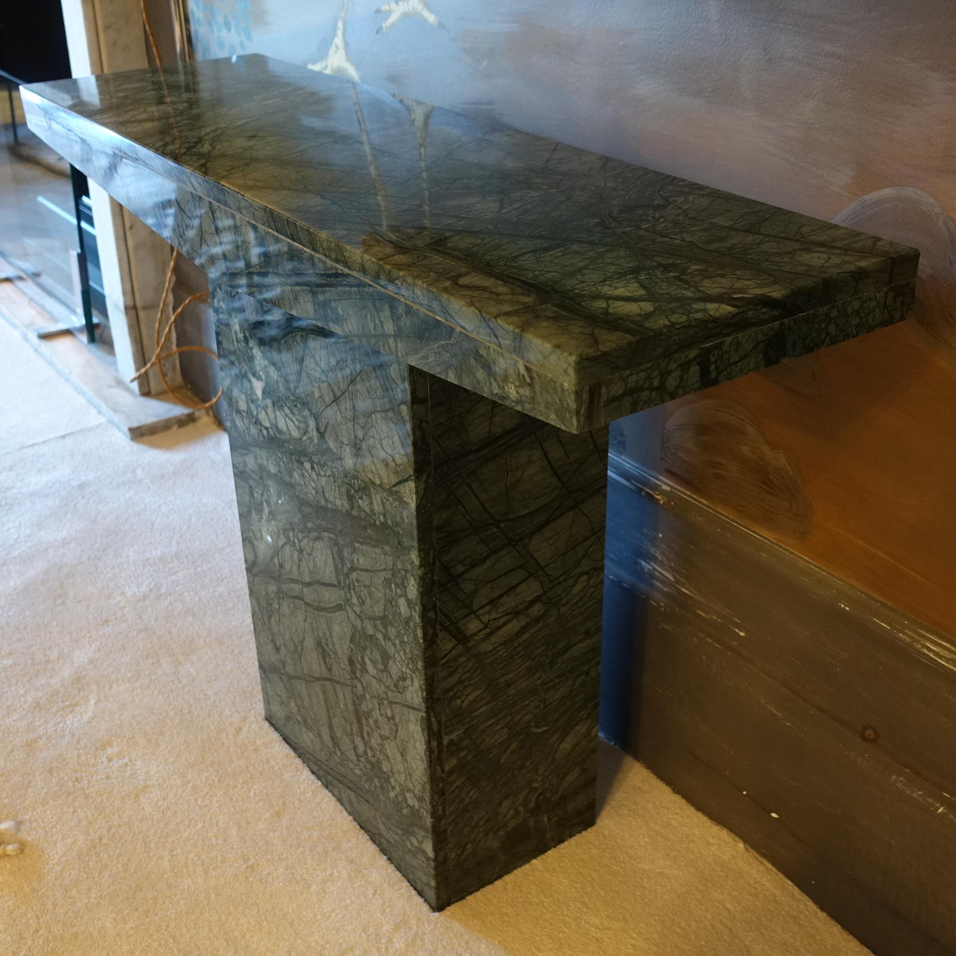 Contemporary Pair of 1980's Italian Green Marble Consoles