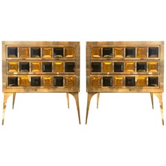Pair of Italian brass with amber and black glass 'Jewelled' Chest-of-drawers