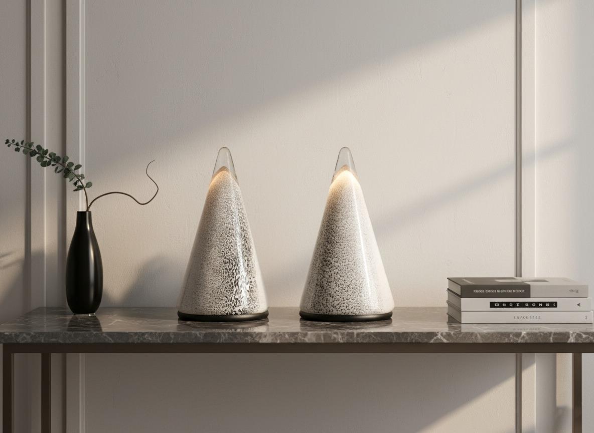 Elegant pair of Murano glass lamps crafted in the 1980s with a striking conical form. Each lamp is made with clear and white glass featuring black speckled details that create a refined play of textures and light. The design enhances the