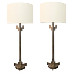 Pair of 1980s Italian Post Modern Structural Brass Table Lamps Inc Shades