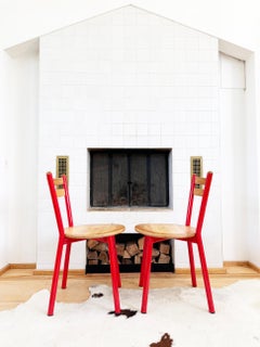 Pair of 1980s Italian Postmodern Pine and Red Metal Accent Chairs -- 2 Pcs