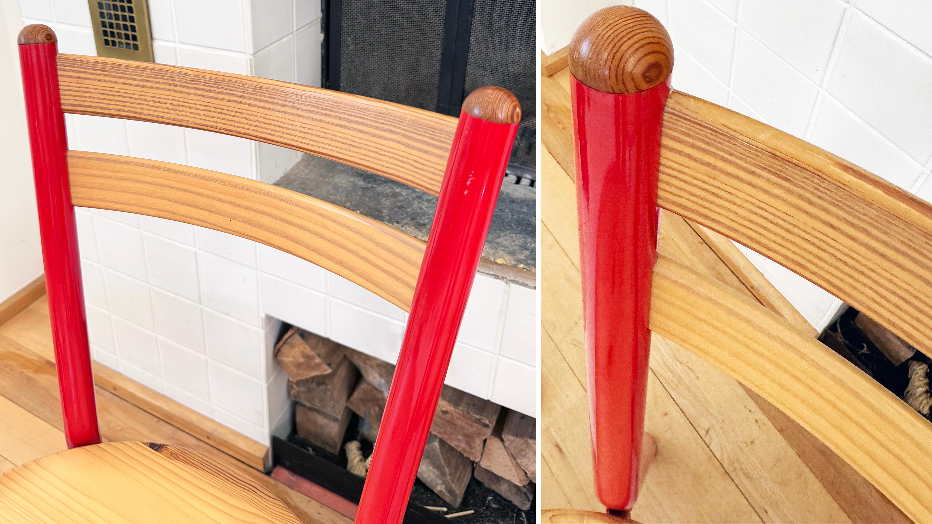 Pair of 1980s Italian Postmodern Pine and Red Metal Accent Chairs -- 2 Pcs For Sale 2