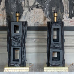Pair of 1980s Italian Sculptural Black Steel Table Lamps, Brass Details