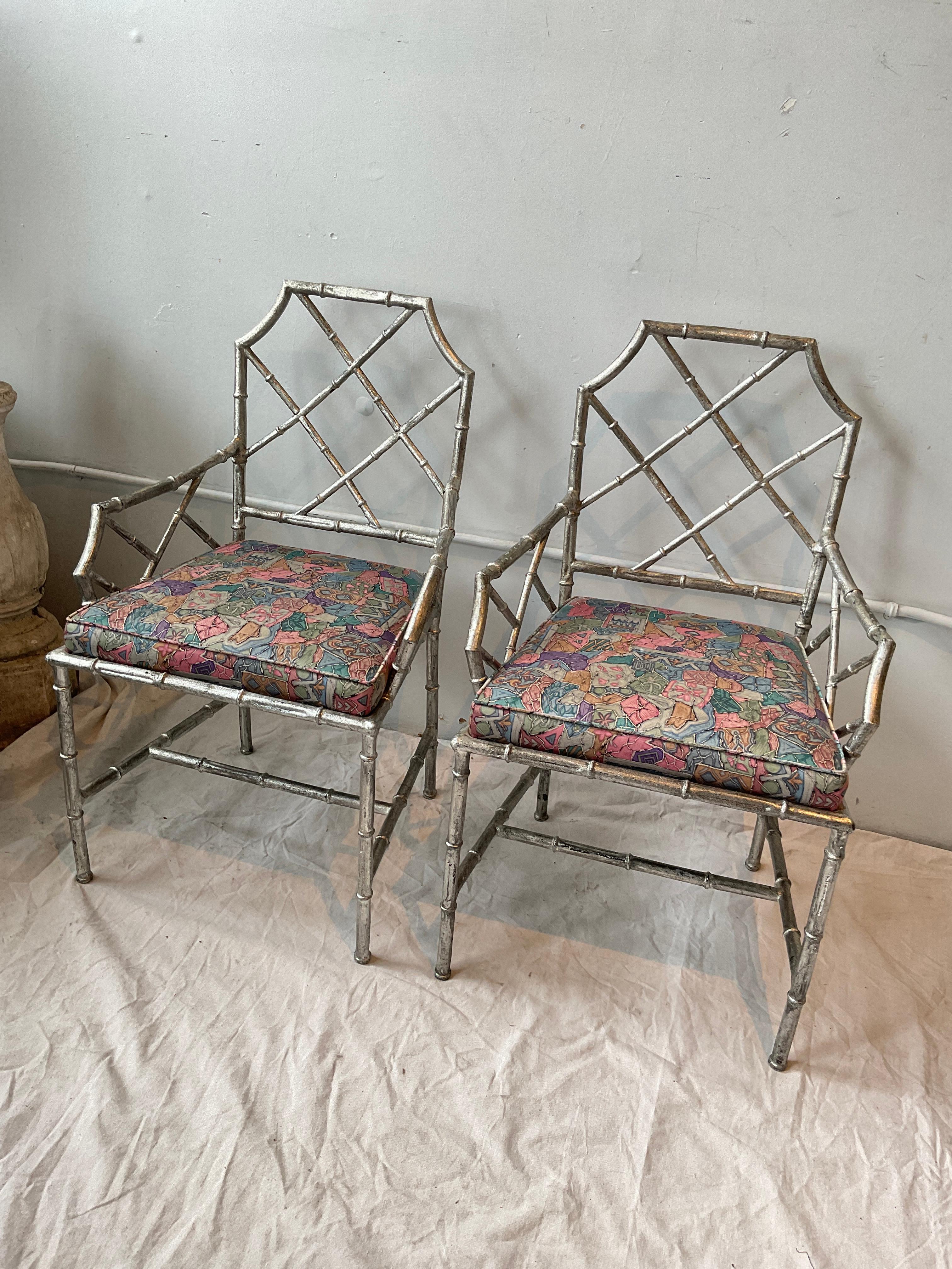Pair Of 1980s Italian Silver Leaf Faux Bamboo Chairs In Good Condition For Sale In Tarrytown, NY
