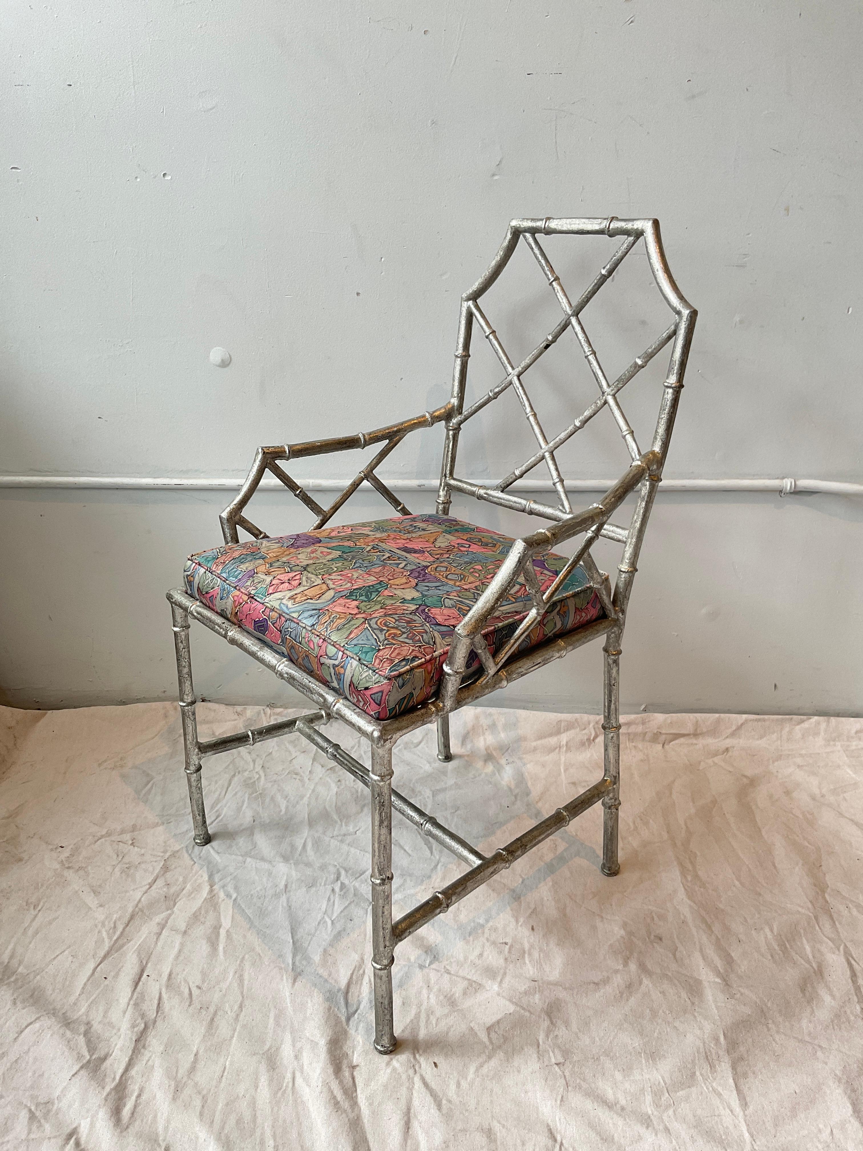 Iron Pair Of 1980s Italian Silver Leaf Faux Bamboo Chairs For Sale