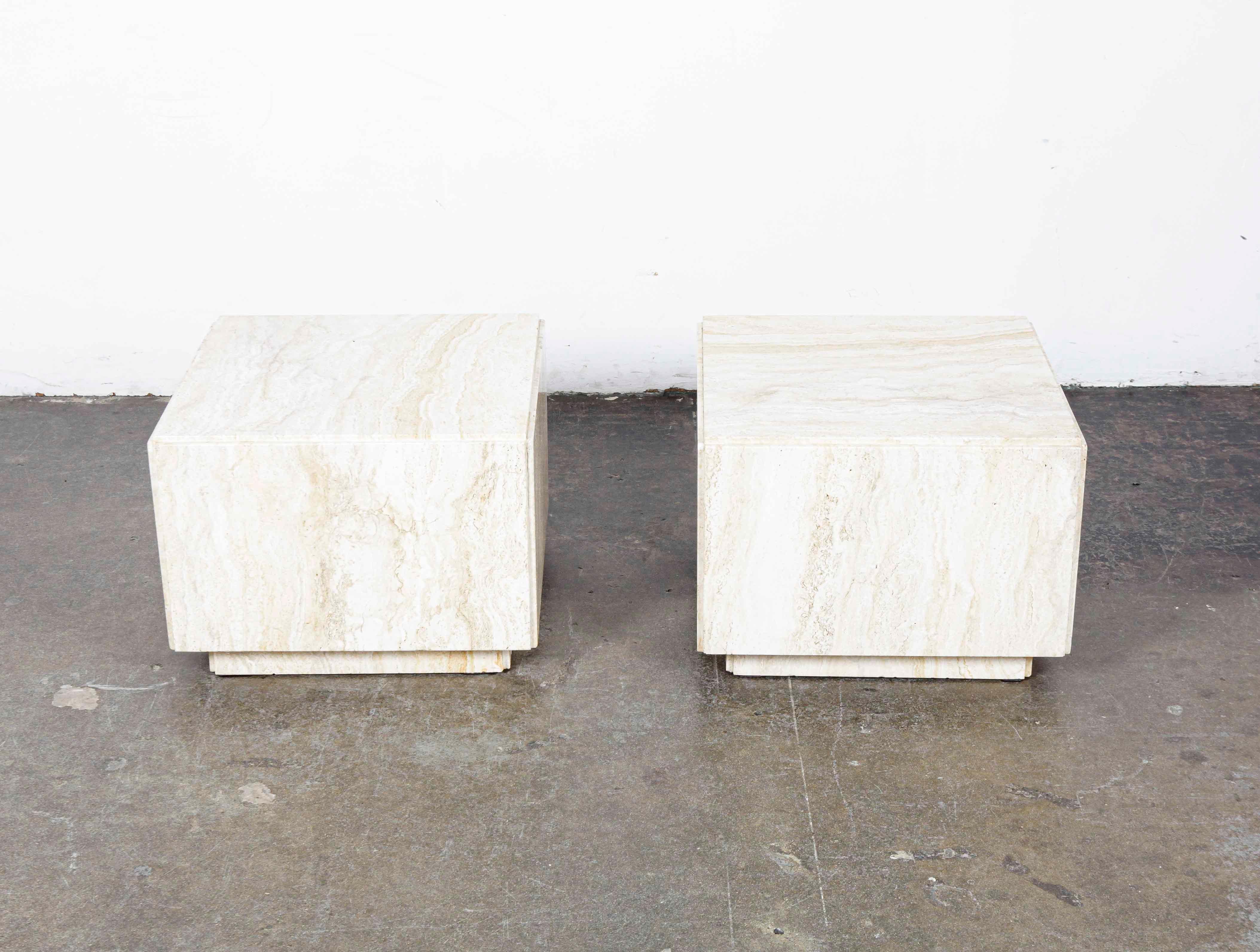 Pair of 1980s Italian Travertine cube coffee tables or end tables in very nice vintage condition, no stains at all.