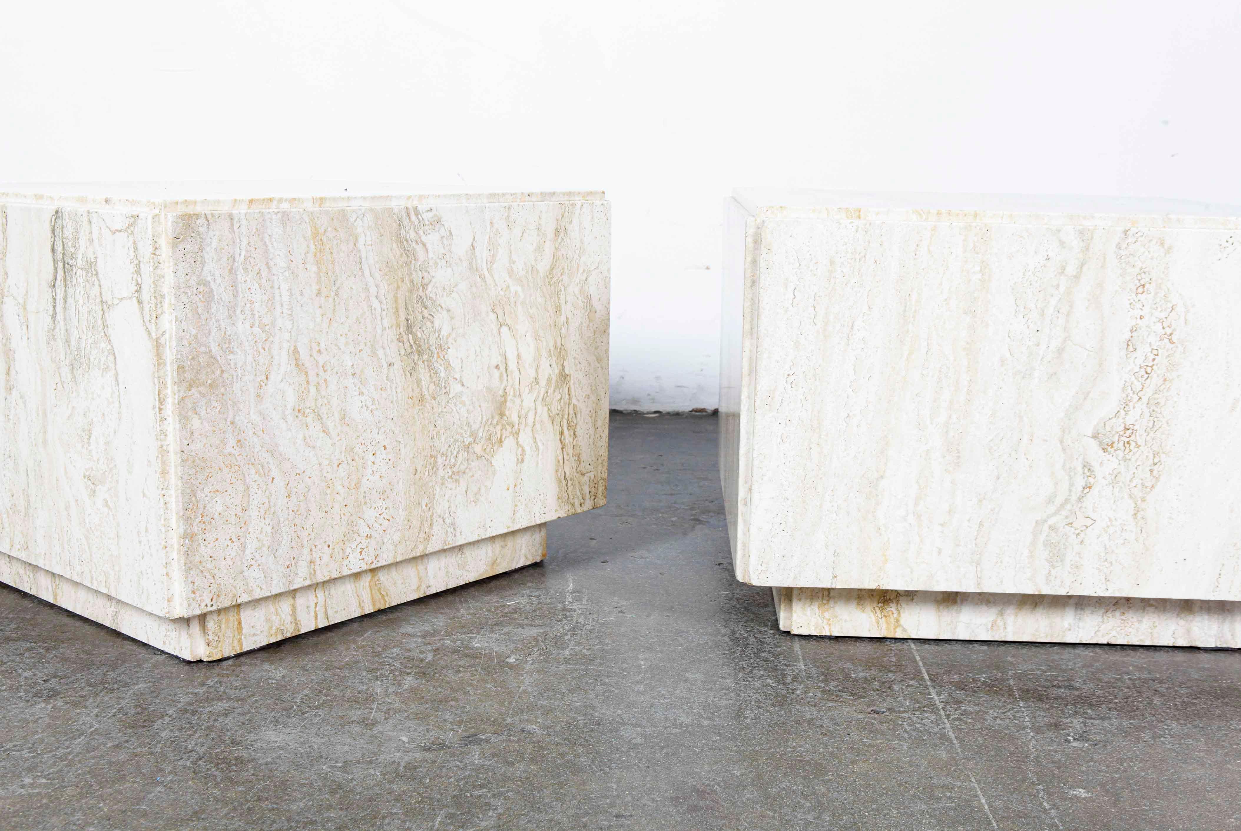 Polished Pair of 1980s  Italian Travertine Cube Coffee Tables