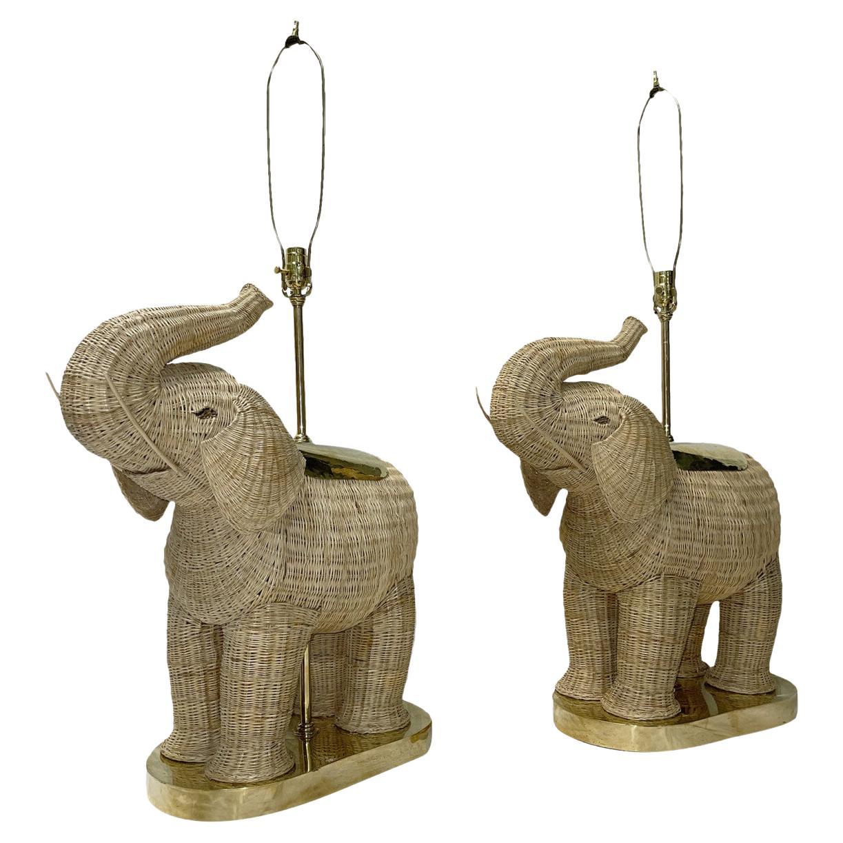 Pair of 1980’s Italian woven rattan elephant table lamps For Sale