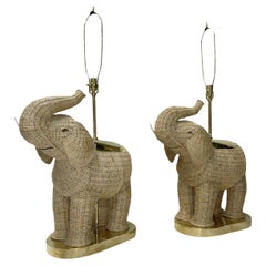Paire de lampes de table éléphant en rotin tressé italien des années 1980
