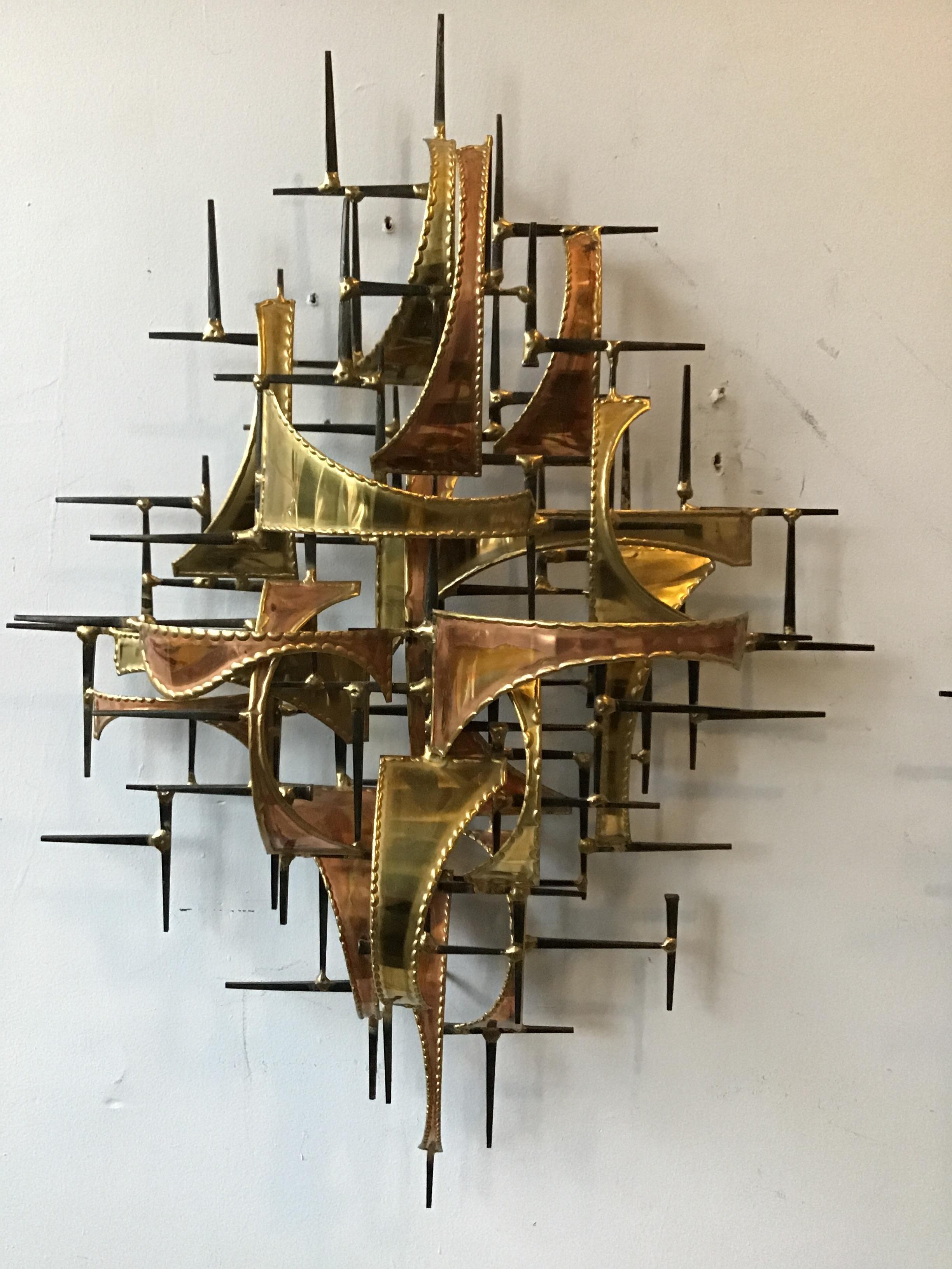 Pair of 1980s Jere Style Copper And Brass Wall Sculptures In Good Condition In Tarrytown, NY