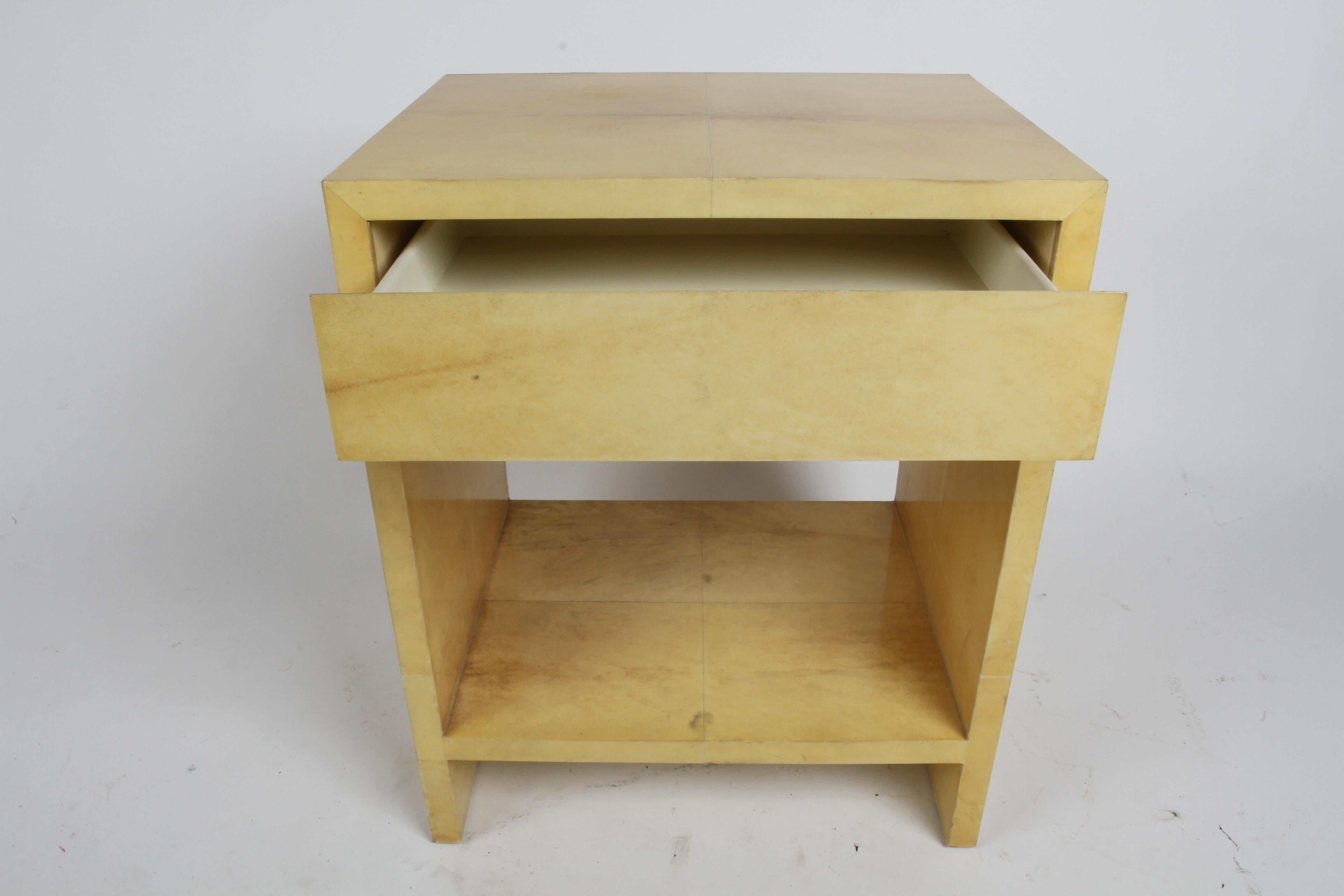 Late 20th Century Pair of 1980s Karl Springer Style Parchment Covered Nightstands or End Tables  For Sale