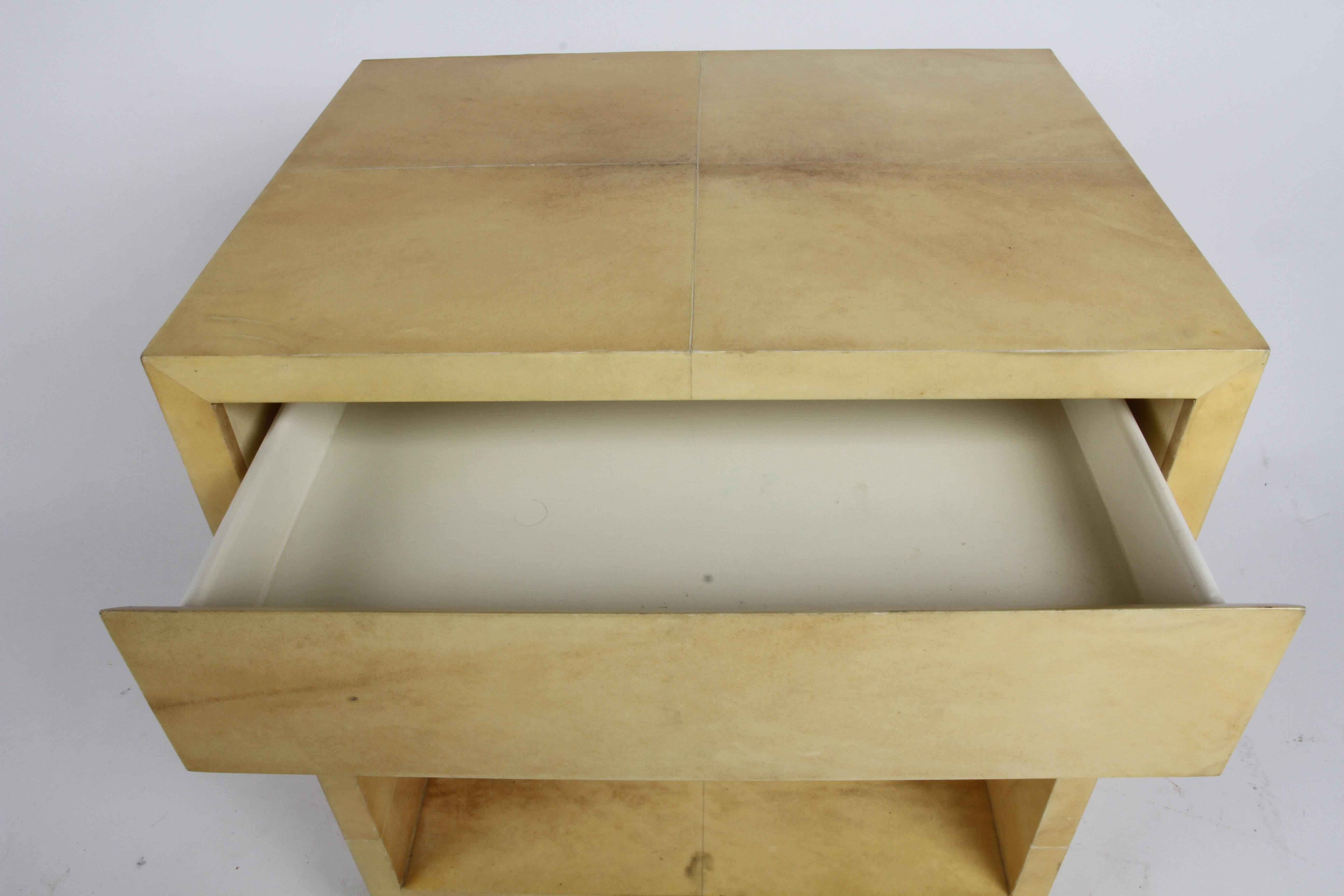 Goatskin Pair of 1980s Karl Springer Style Parchment Covered Nightstands or End Tables  For Sale
