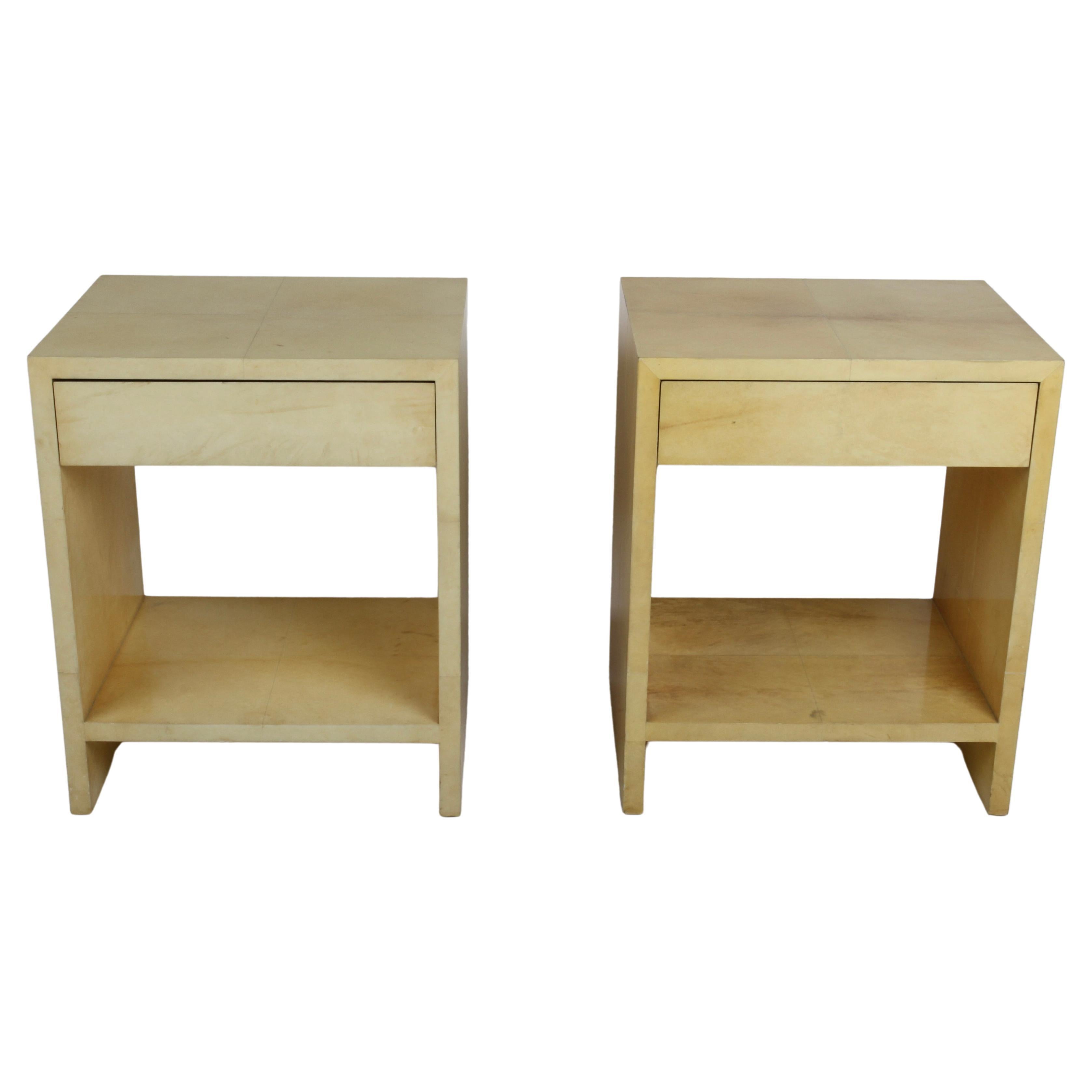Pair of 1980s Karl Springer Style Parchment Covered Nightstands or End Tables  For Sale