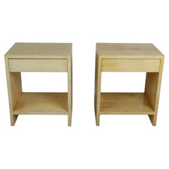 Pair of 1980s Karl Springer Style Parchment Covered Nightstands or End Tables 
