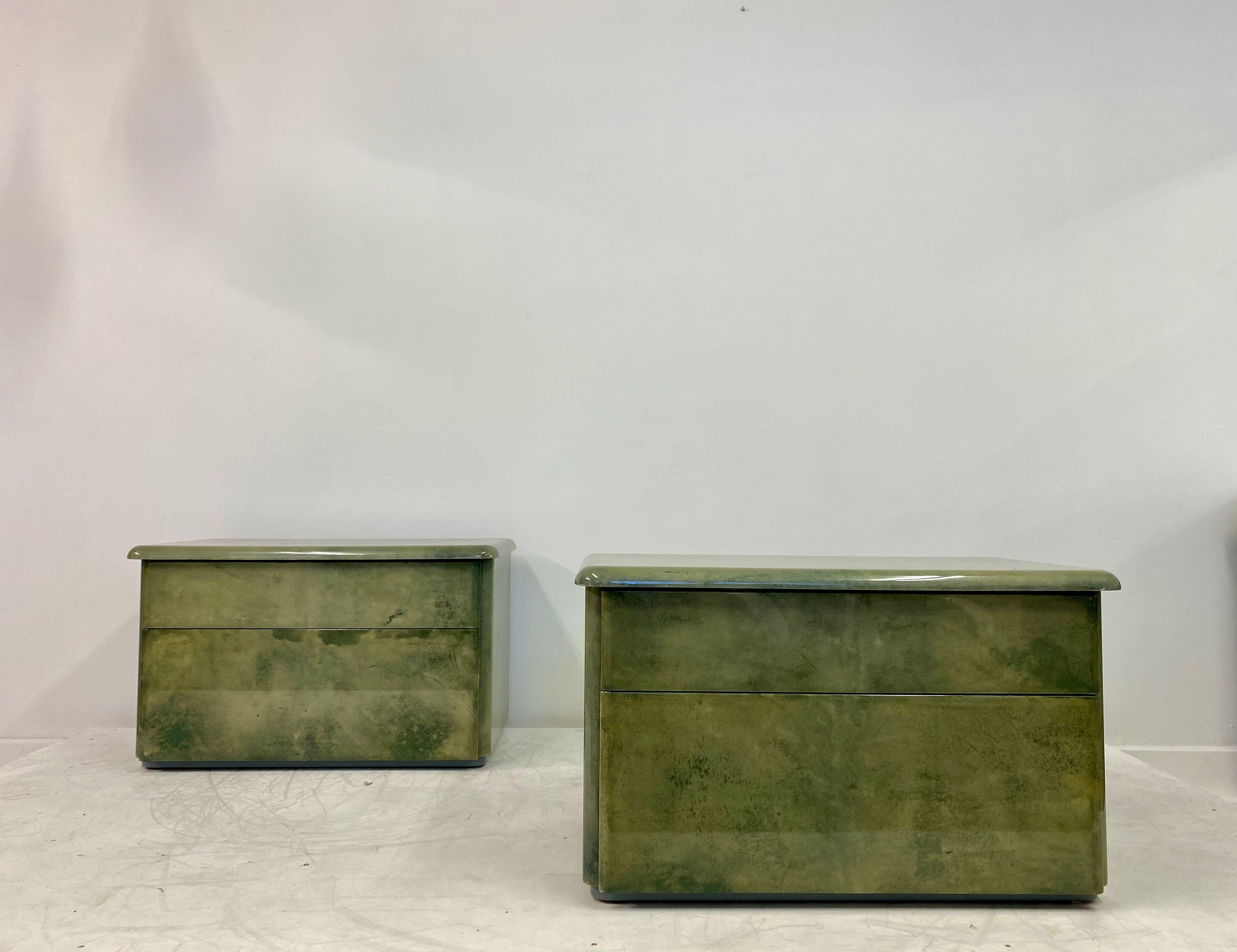 Pair of 1980s Lacquered Parchment or Goatskin Bedside Tables or Nightstands 2