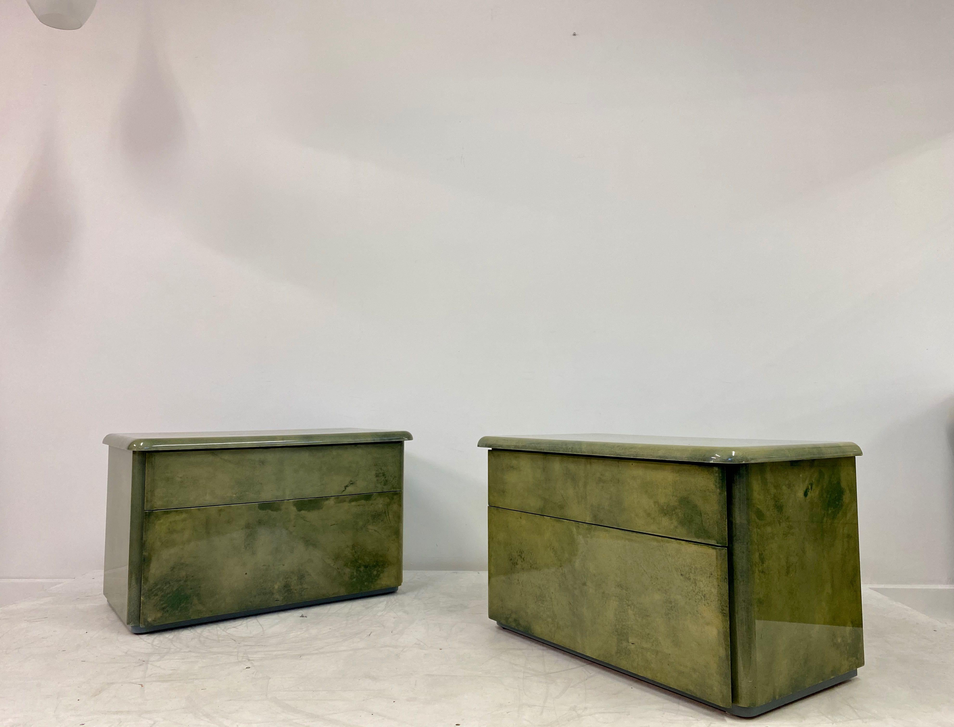 Pair of 1980s Lacquered Parchment or Goatskin Bedside Tables or Nightstands 3