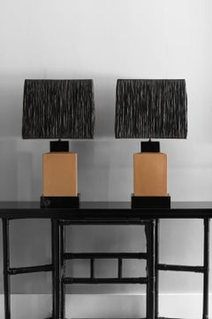 Pair of 1980s lamps in glazed ceramic complete with black raffia lampshade