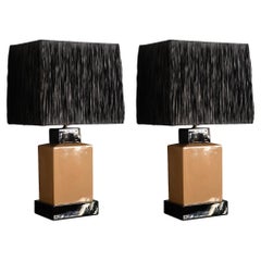 Pair of 1980s lamps in glazed ceramic complete with black raffia lampshade