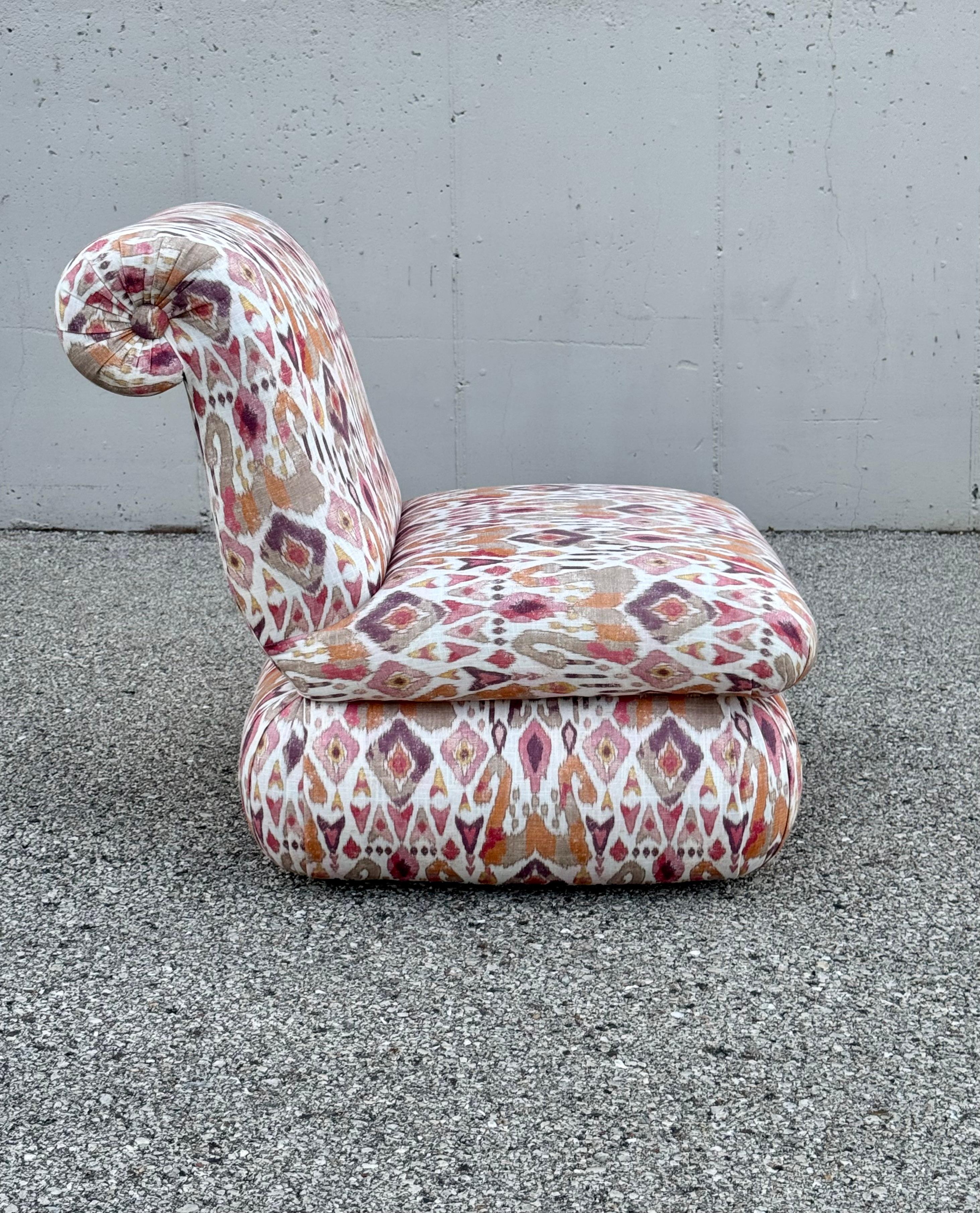 Pair of 1980s Large Donghia Scroll Back Slipper Chairs in Original iKat Textile For Sale 8