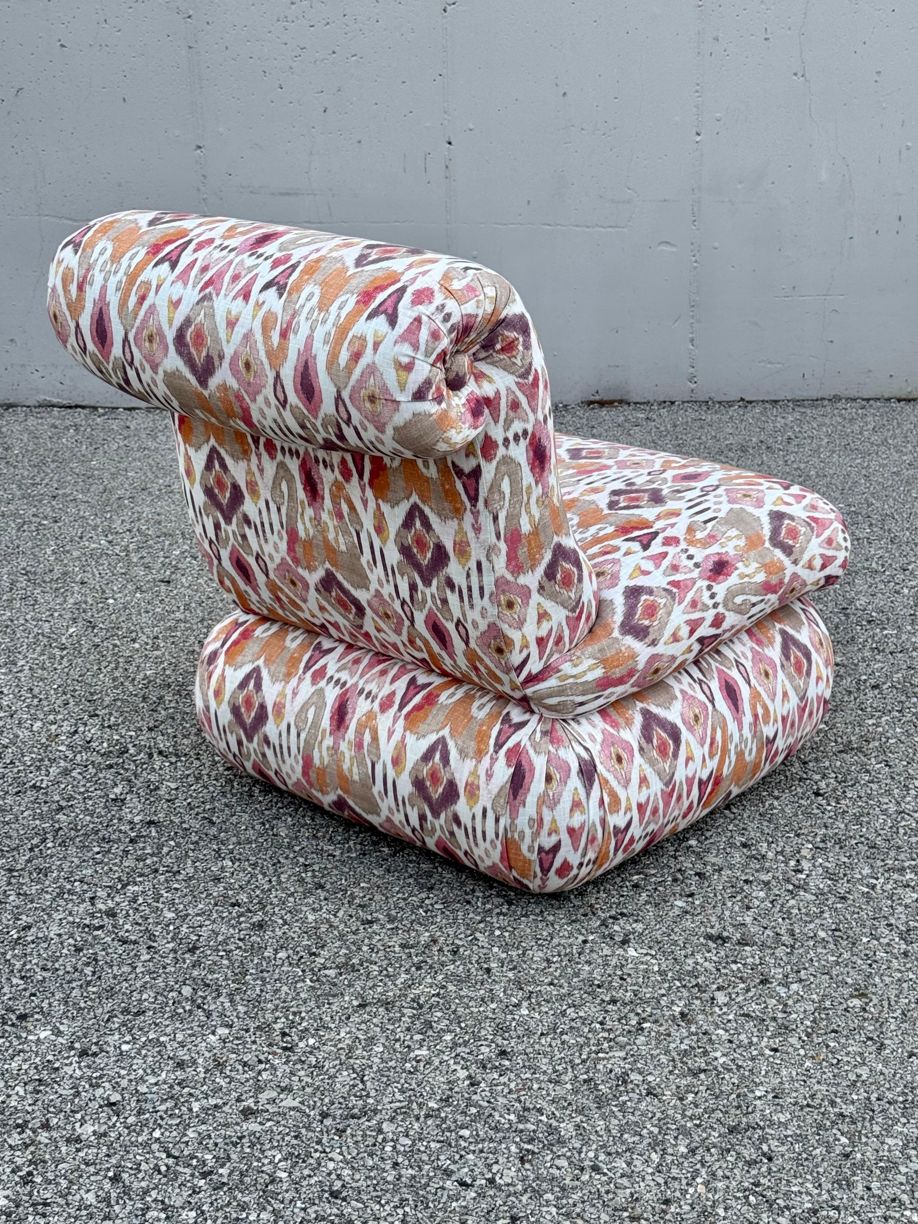 Pair of 1980s Large Donghia Scroll Back Slipper Chairs in Original iKat Textile For Sale 10