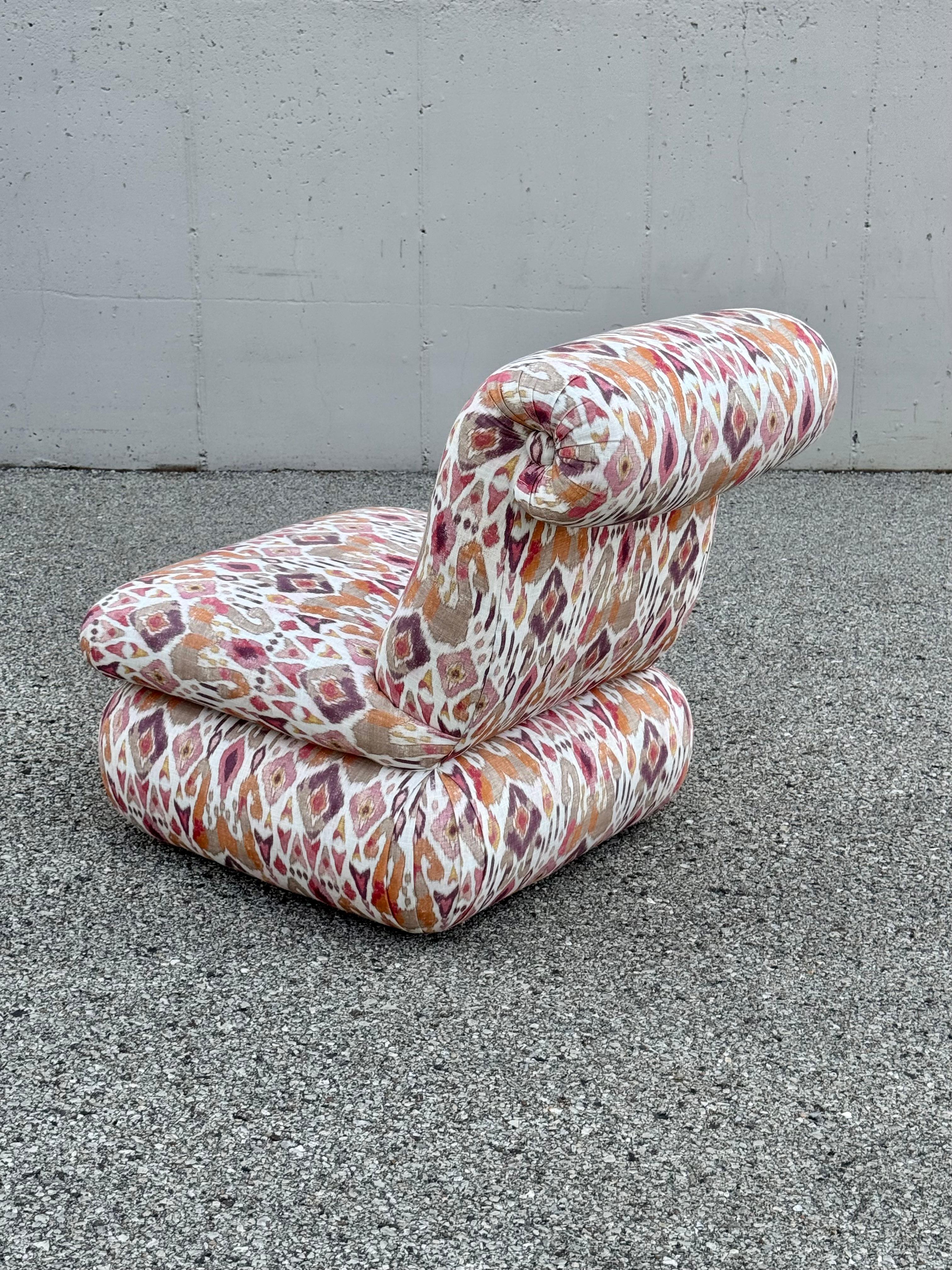 Pair of 1980s Large Donghia Scroll Back Slipper Chairs in Original iKat Textile For Sale 12