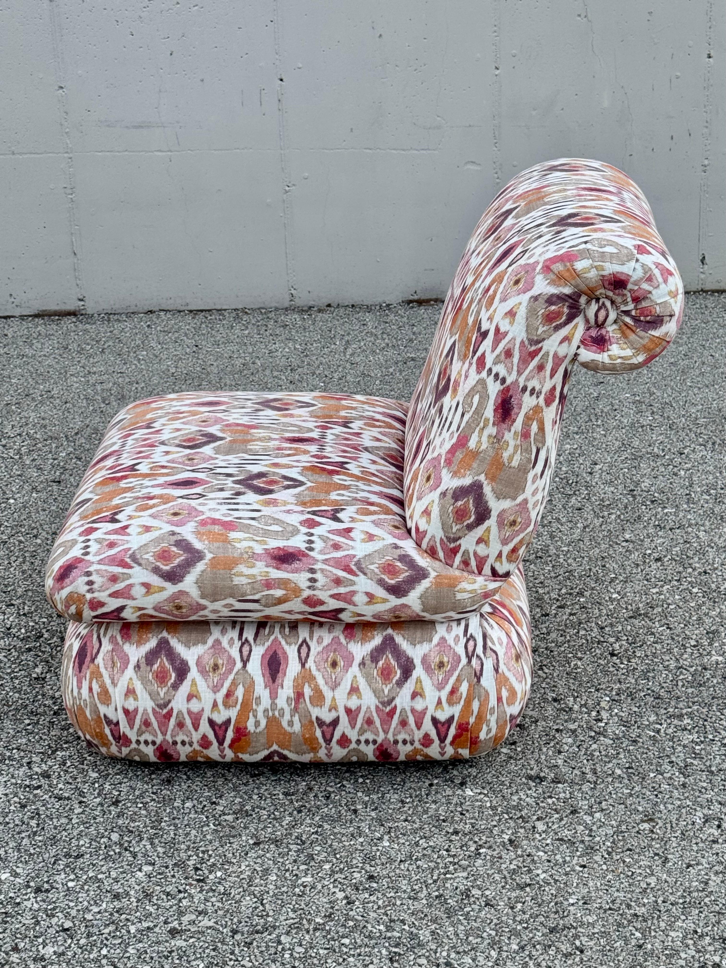 Pair of 1980s Large Donghia Scroll Back Slipper Chairs in Original iKat Textile For Sale 13