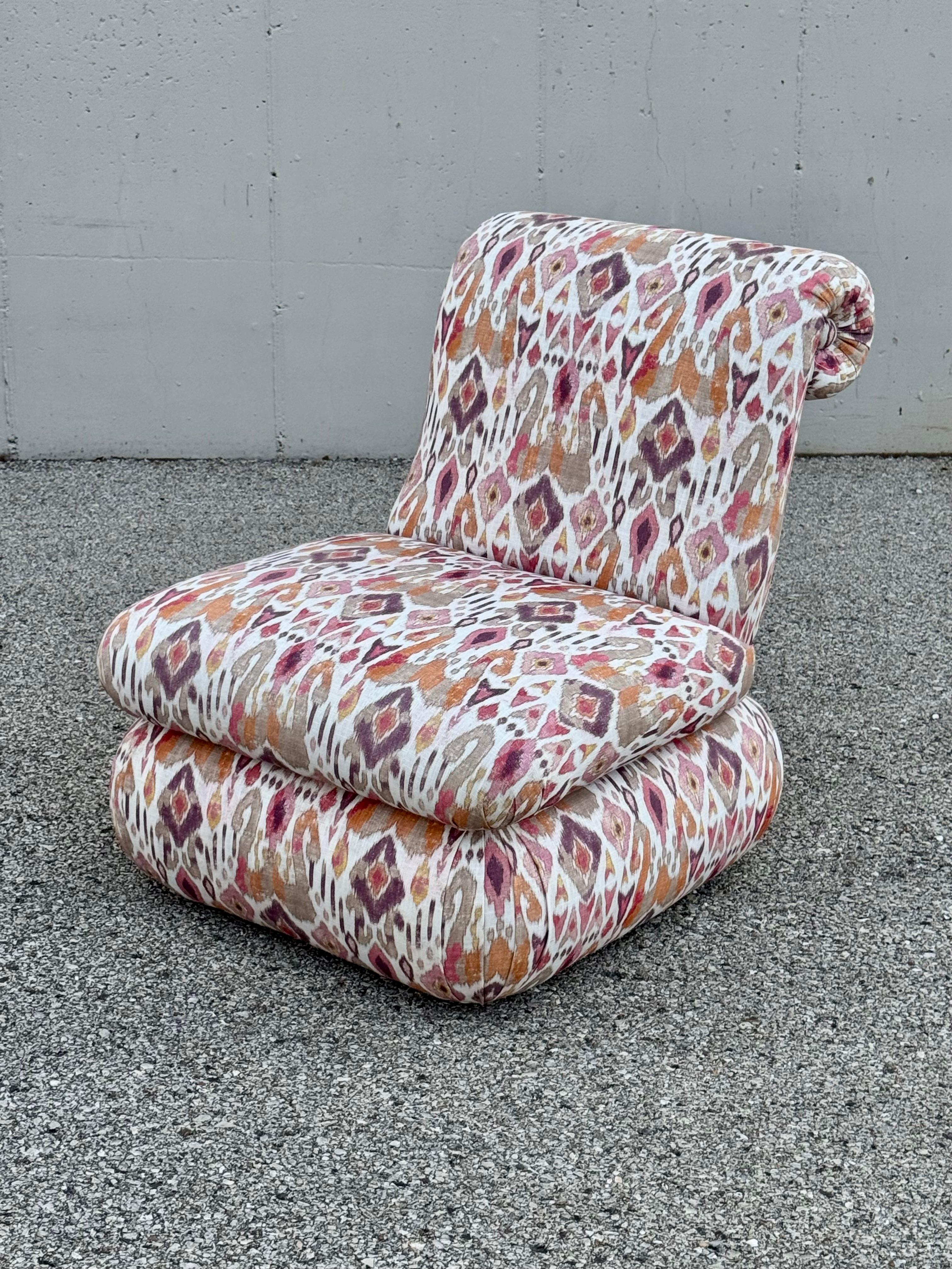 Pair of 1980s Large Donghia Scroll Back Slipper Chairs in Original iKat Textile For Sale 14