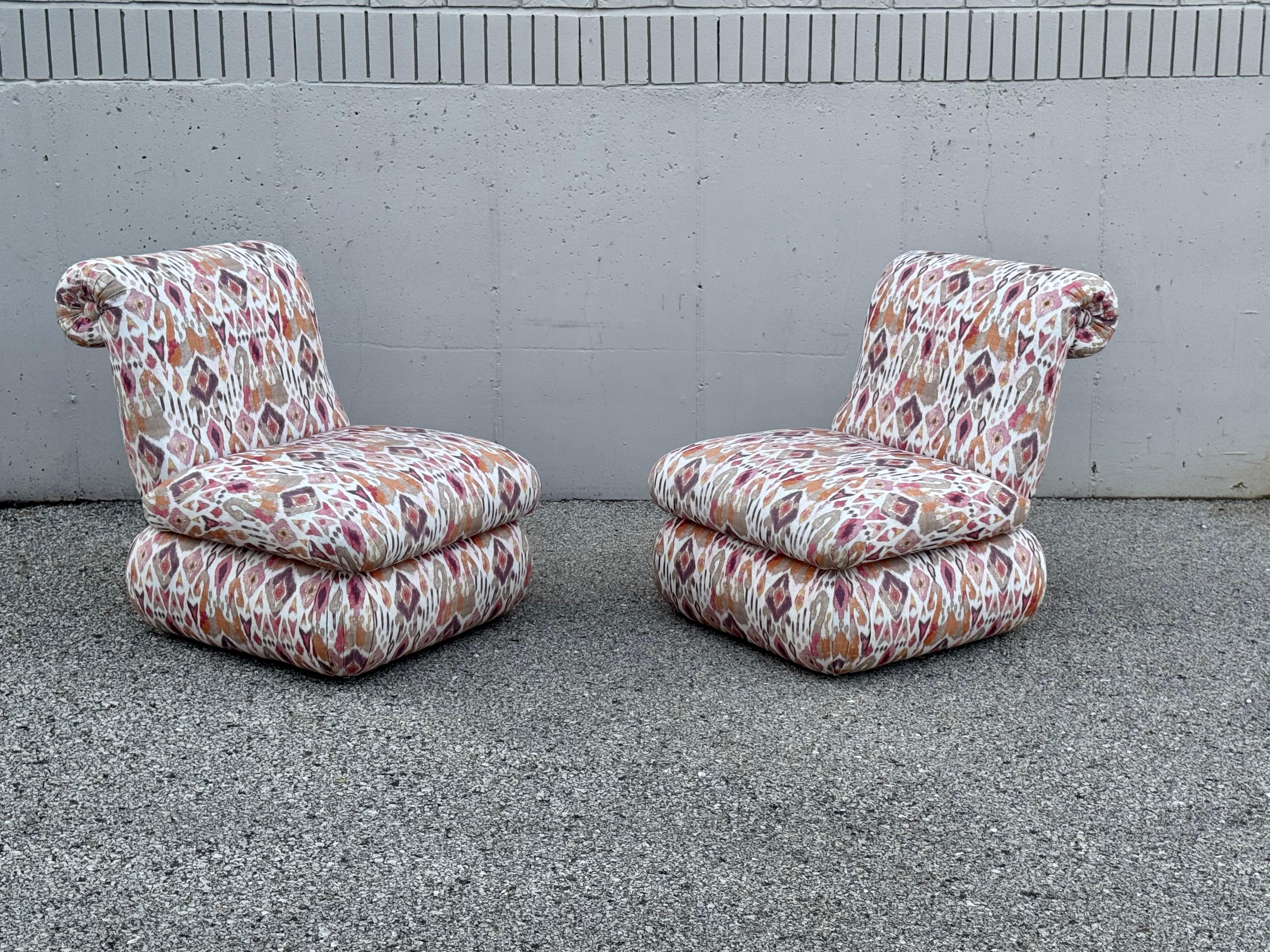 Pair of 1980s Large Donghia Scroll Back Slipper Chairs in Original iKat Textile For Sale 1