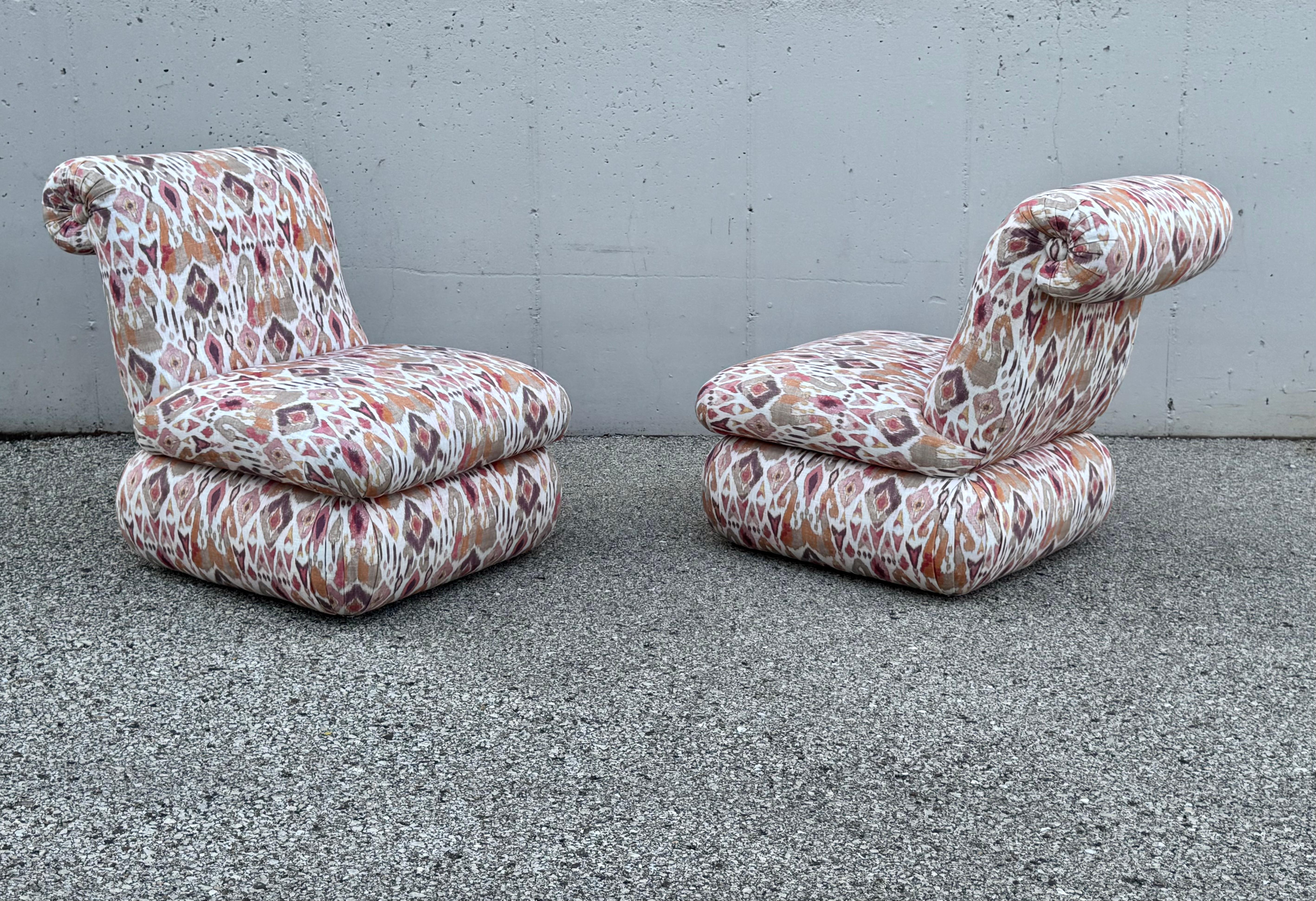 Pair of 1980s Large Donghia Scroll Back Slipper Chairs in Original iKat Textile For Sale 2