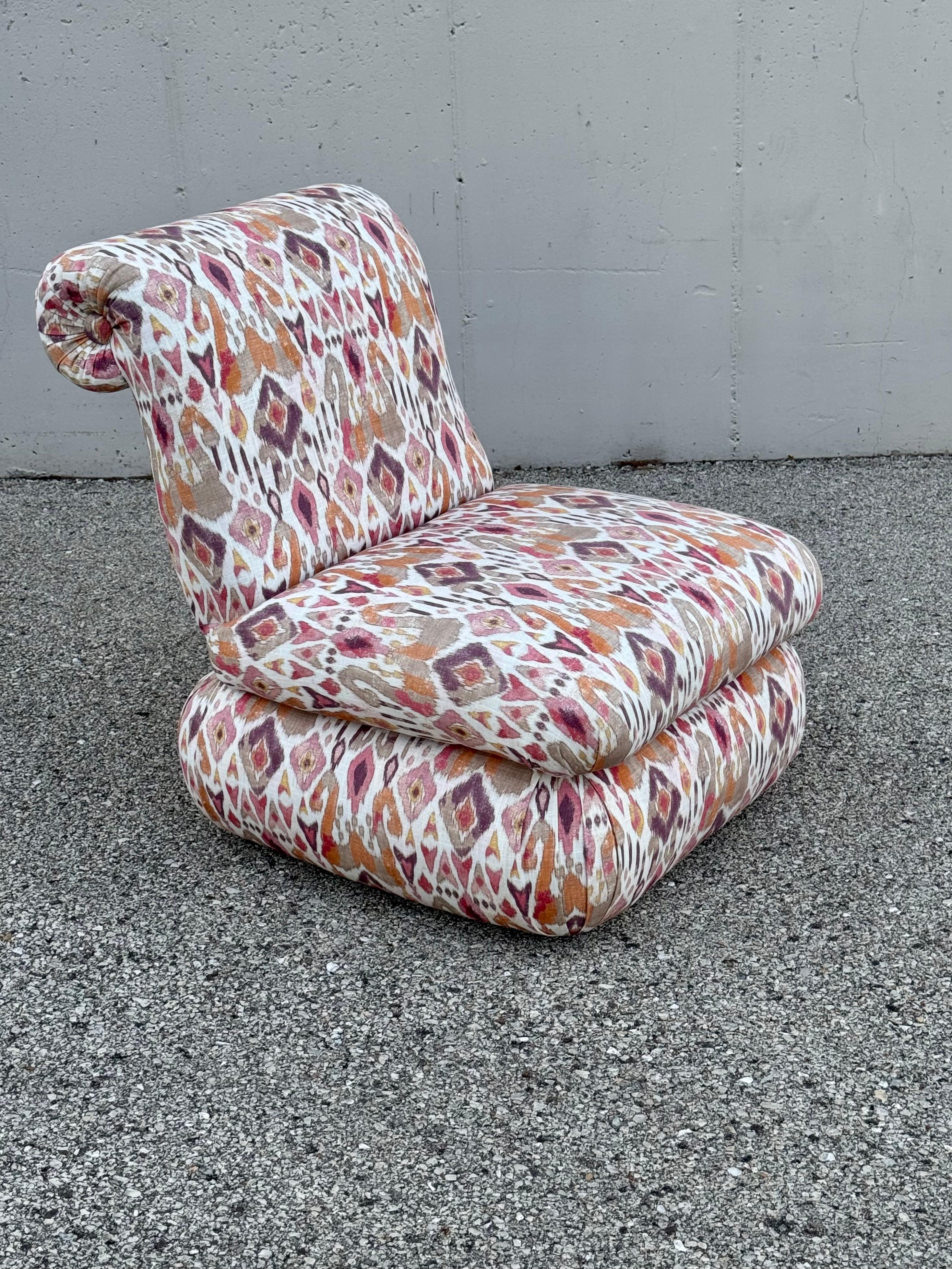Pair of 1980s Large Donghia Scroll Back Slipper Chairs in Original iKat Textile For Sale 3