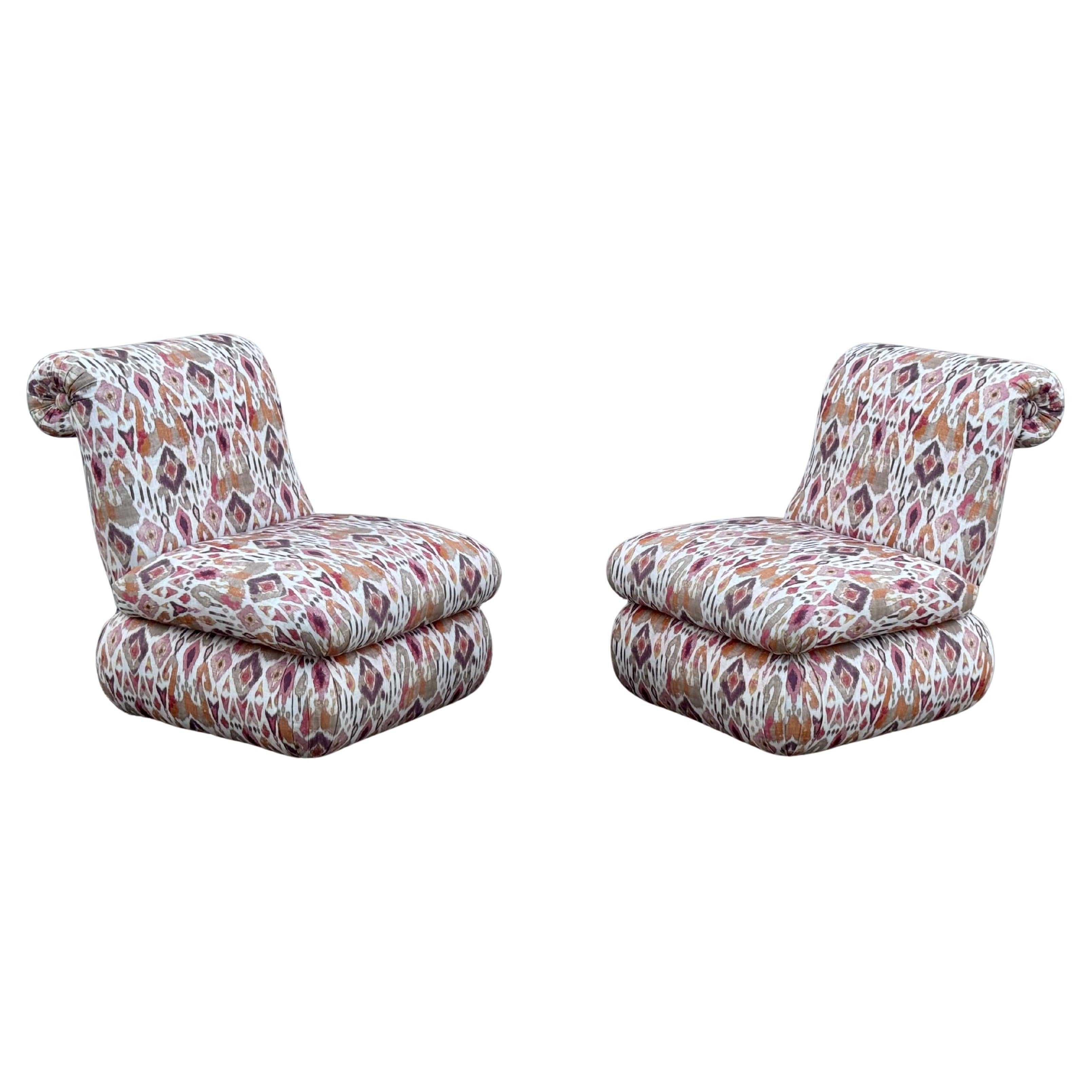 Pair of 1980s Large Donghia Scroll Back Slipper Chairs in Original iKat Textile For Sale